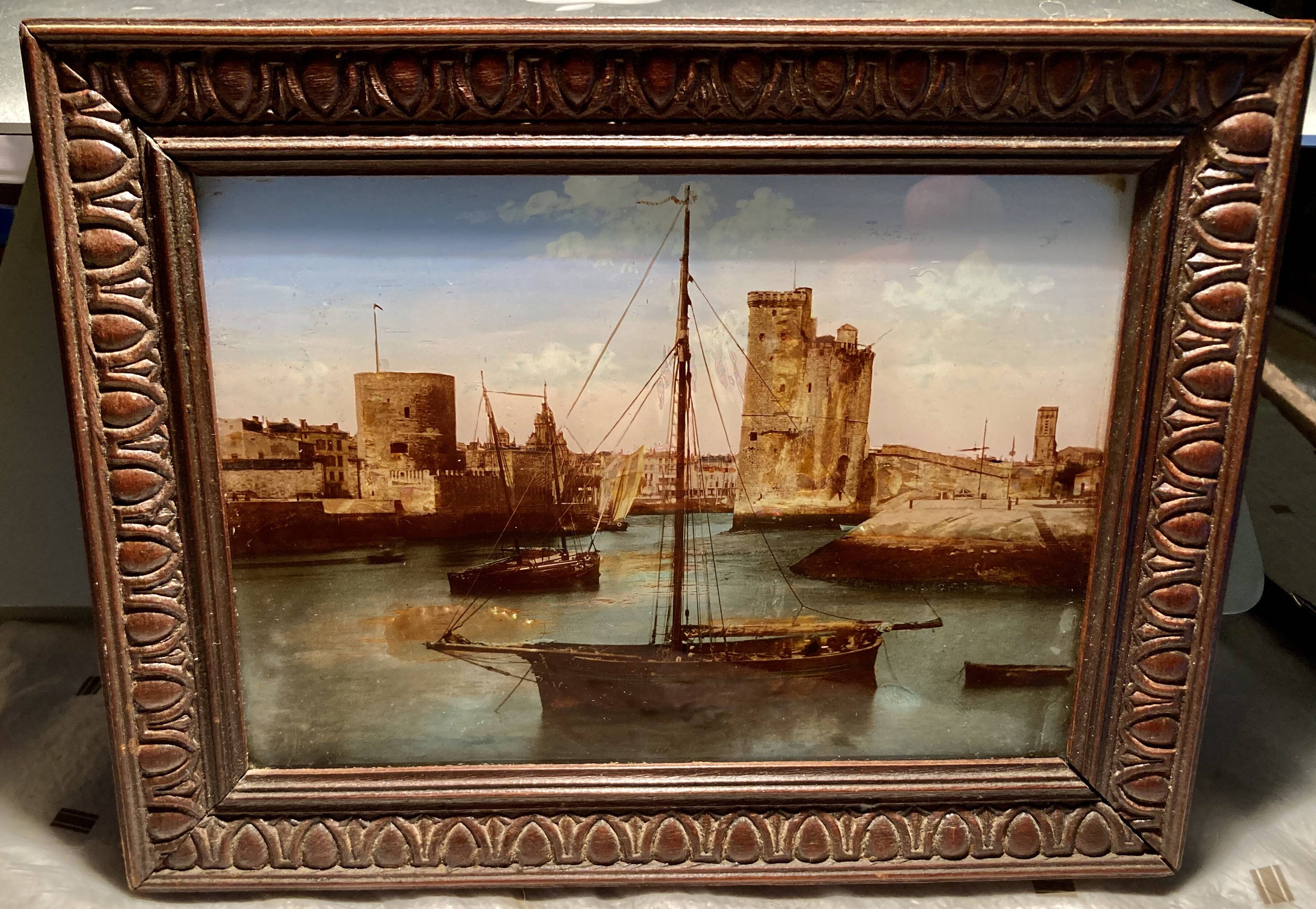painting fixed under glass port of La Rochelle 19th century