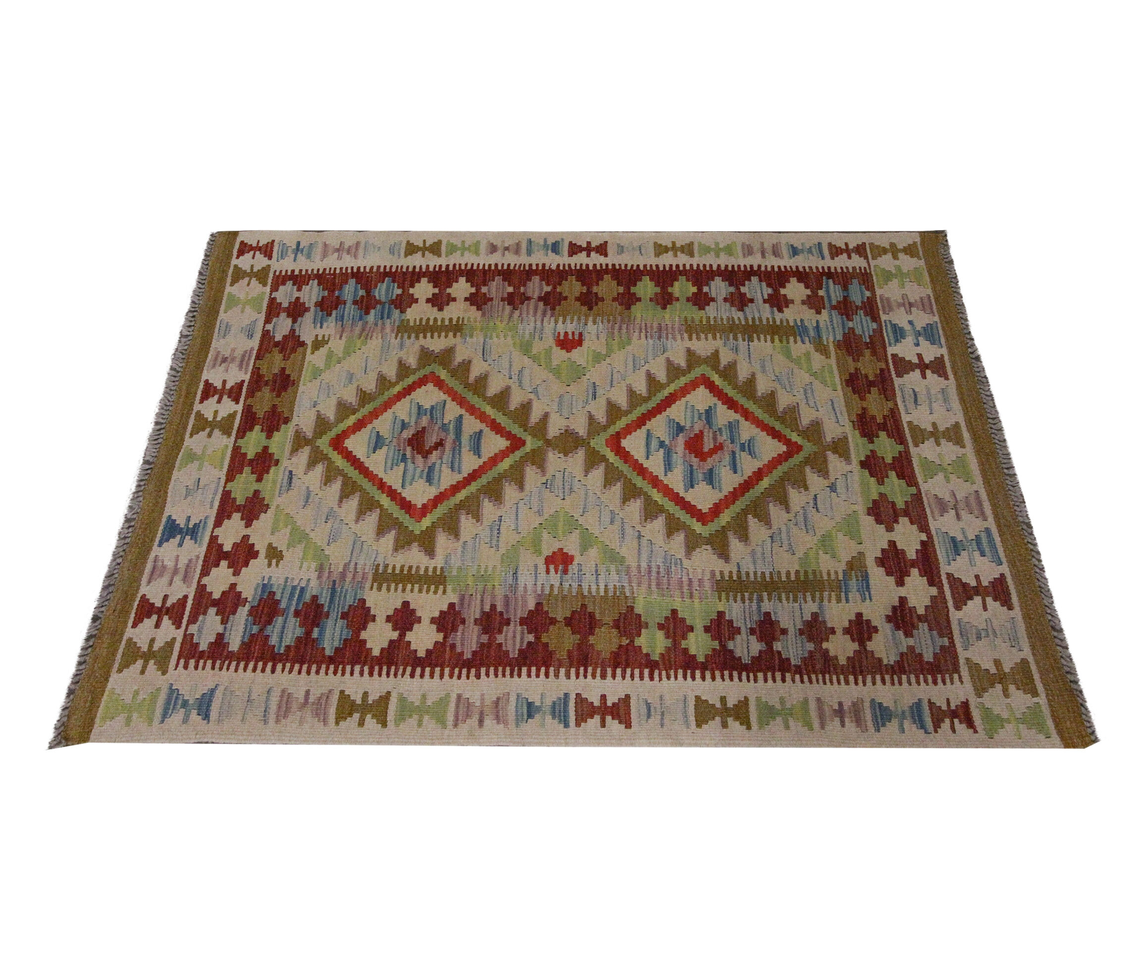 New Handmade Kilim Rug Oriental Green Beige Area Rug- 80x119cm