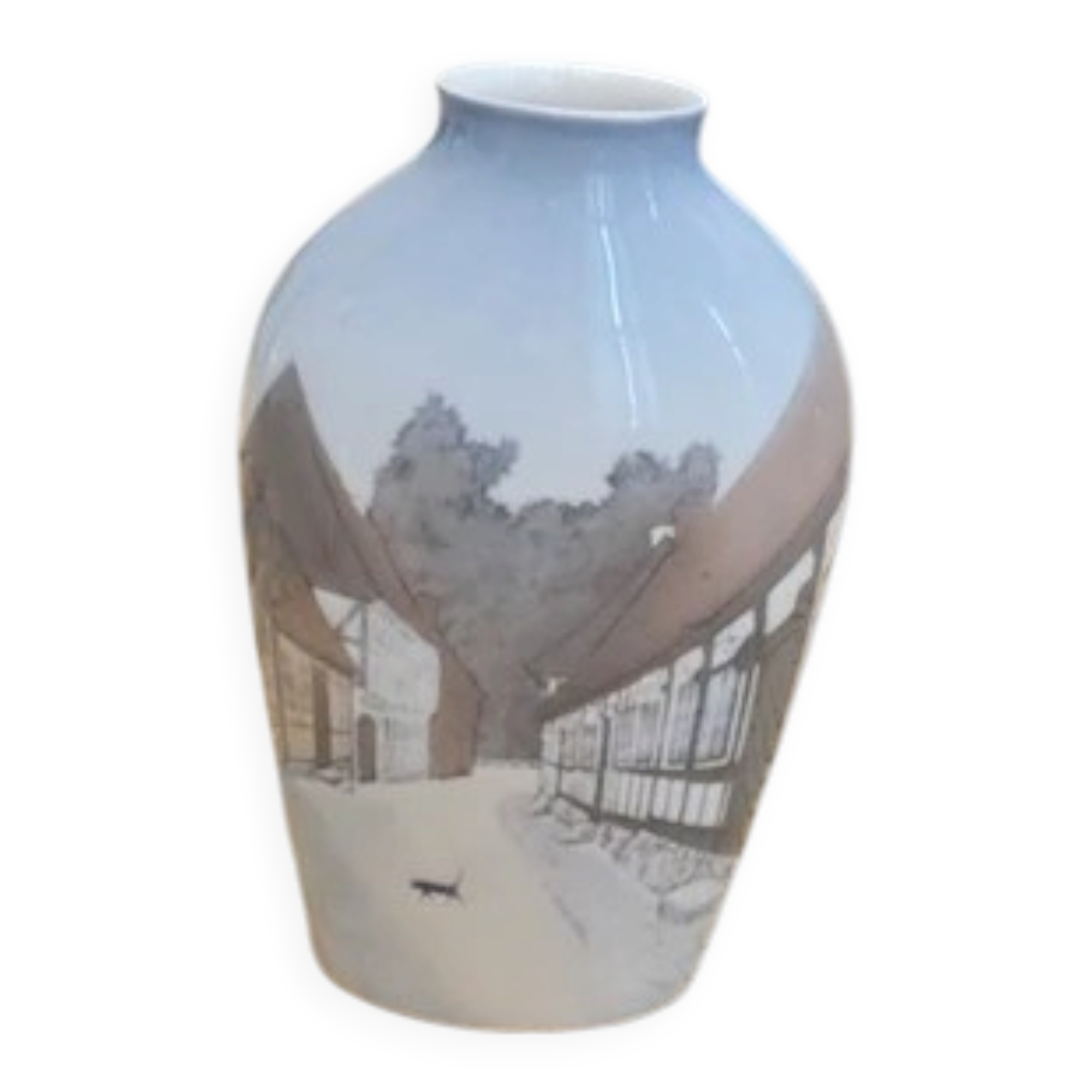Vase vintage en porcelaine Bing & Grondahl décor vieux Arrhus au chat noir - Danemark années 70