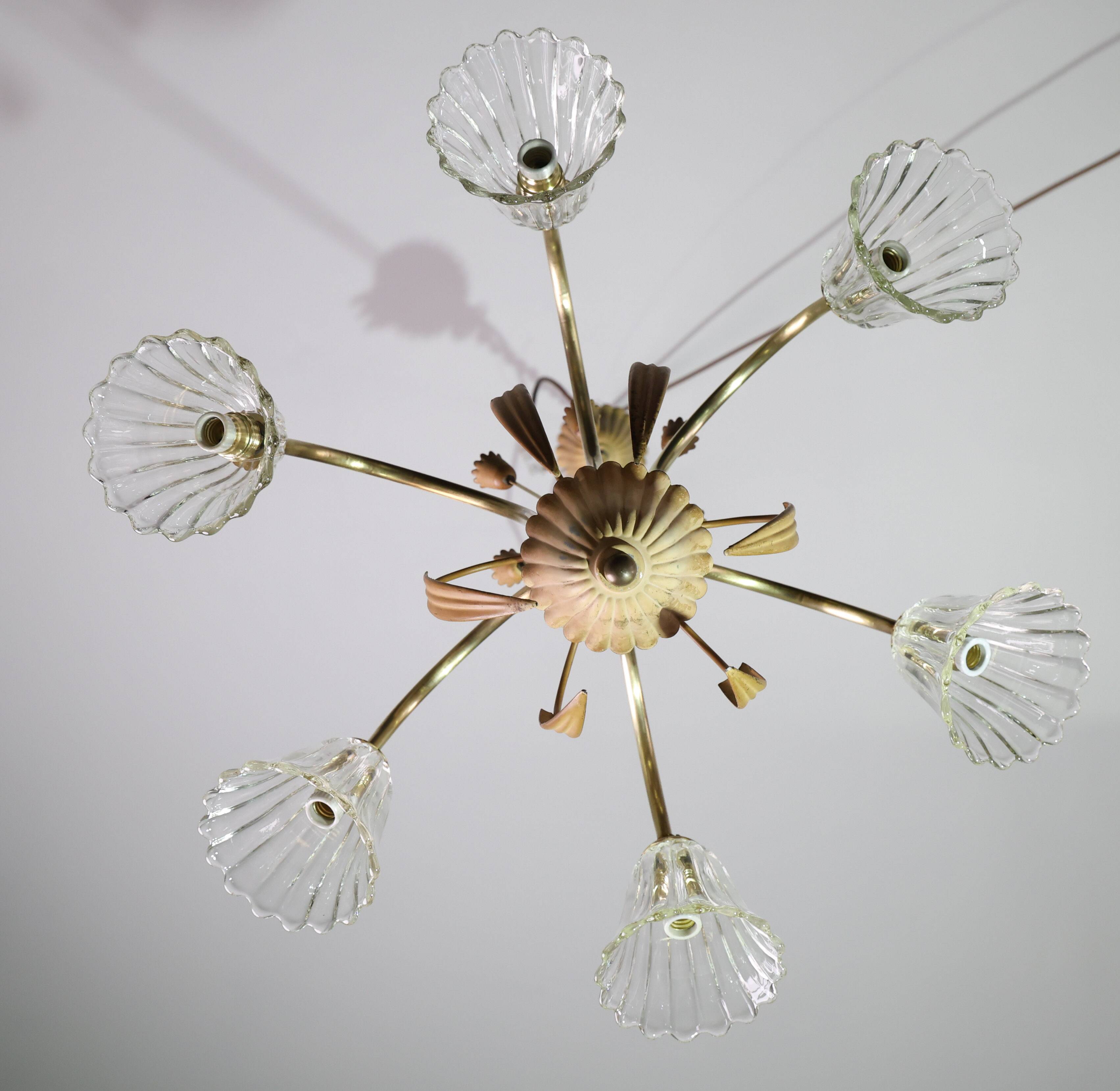 Art Deco Murano Glass and Brass Chandelier, 6 light, 1950