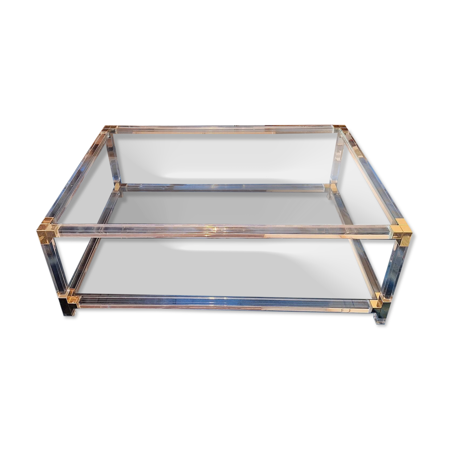 Large Italian 2-level coffee table in lucite, glass and gilt brass, 1970-80
