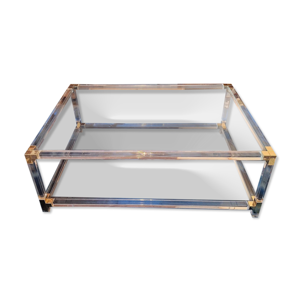 Grande table basse italienne à deux niveaux en lucite, verre et laiton doré, 1970-80