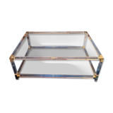 Large Italian 2-level coffee table in lucite, glass and gilt brass, 1970-80