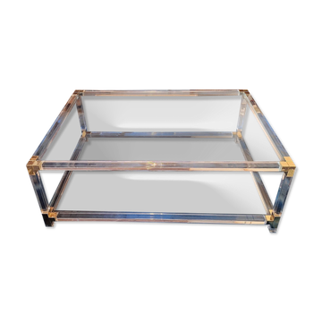 Grande table basse italienne à deux niveaux en lucite, verre et laiton doré, 1970-80