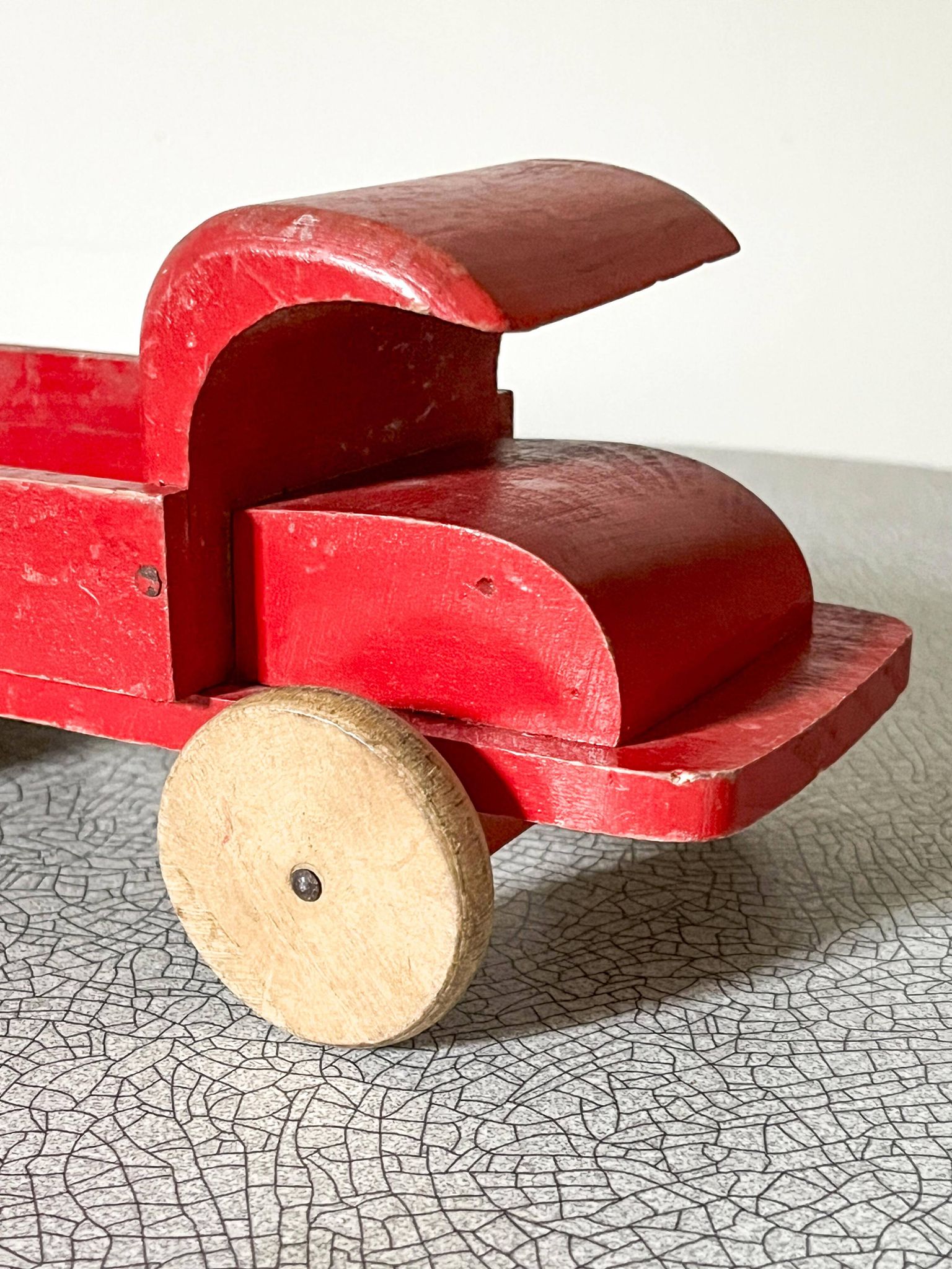 Red wooden flatbed truck, vintage toy
