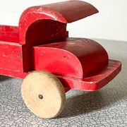 Red wooden flatbed truck, vintage toy
