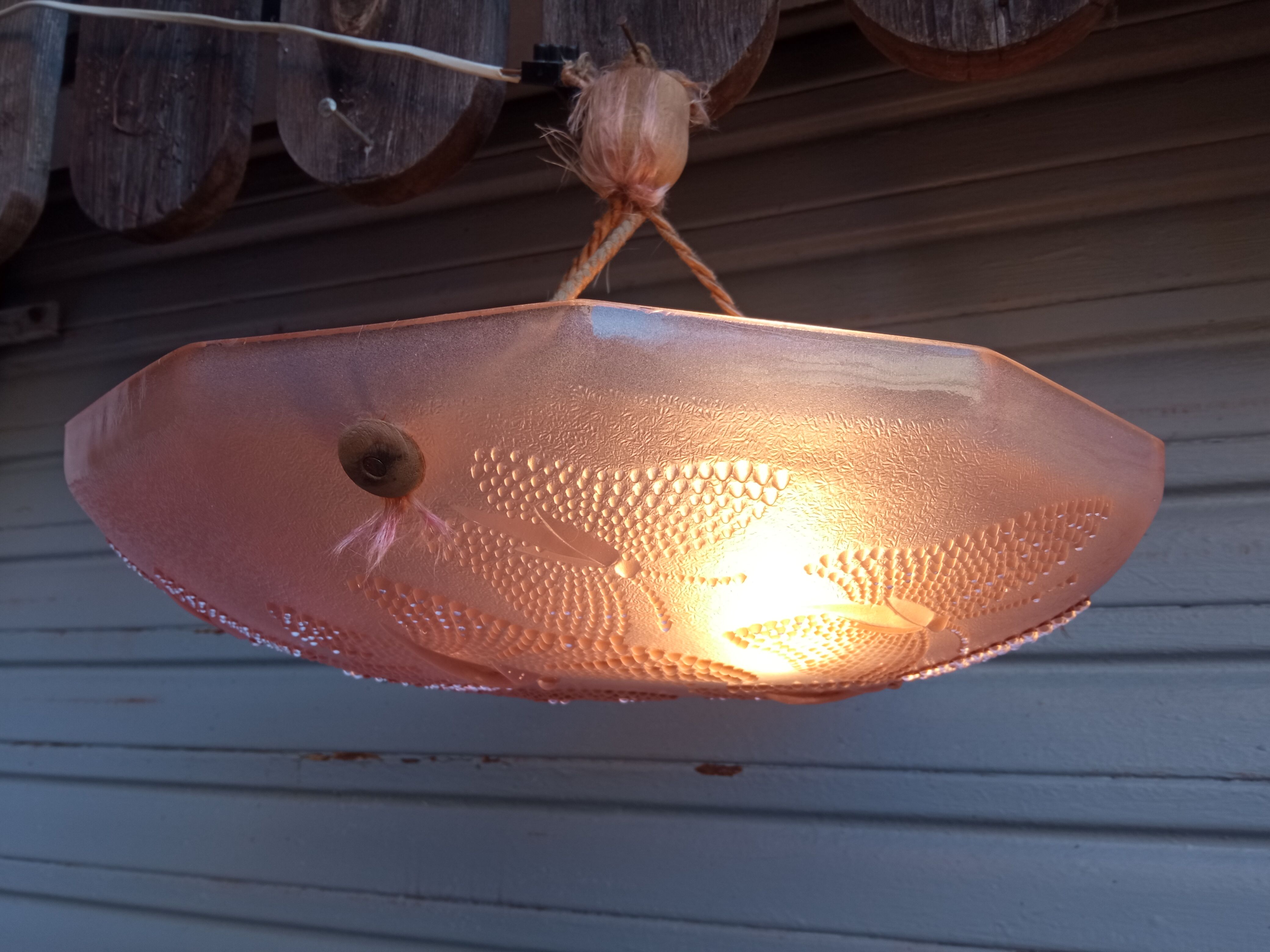 Art Deco ceiling lamp in pink pressed molded glass -