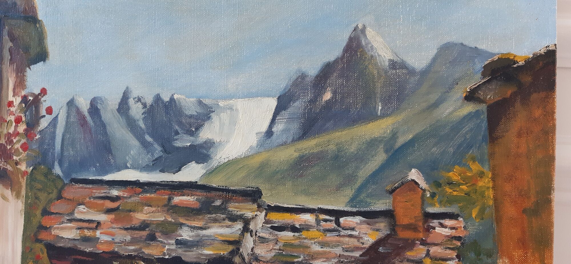 Oil on canvas painting and mountain landscape frame signed