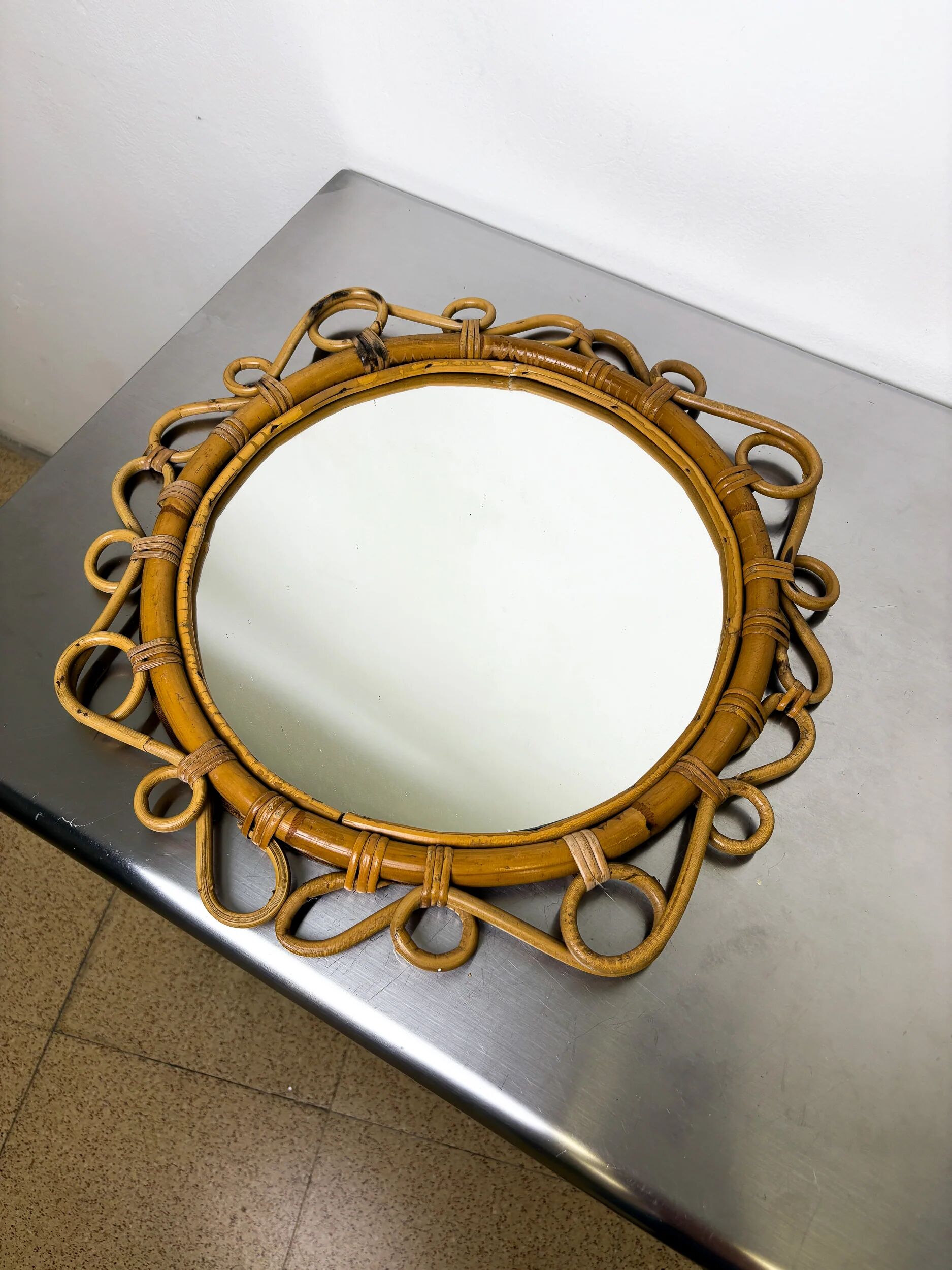 Spanish rattan bamboo oval mirror, circa 1960s