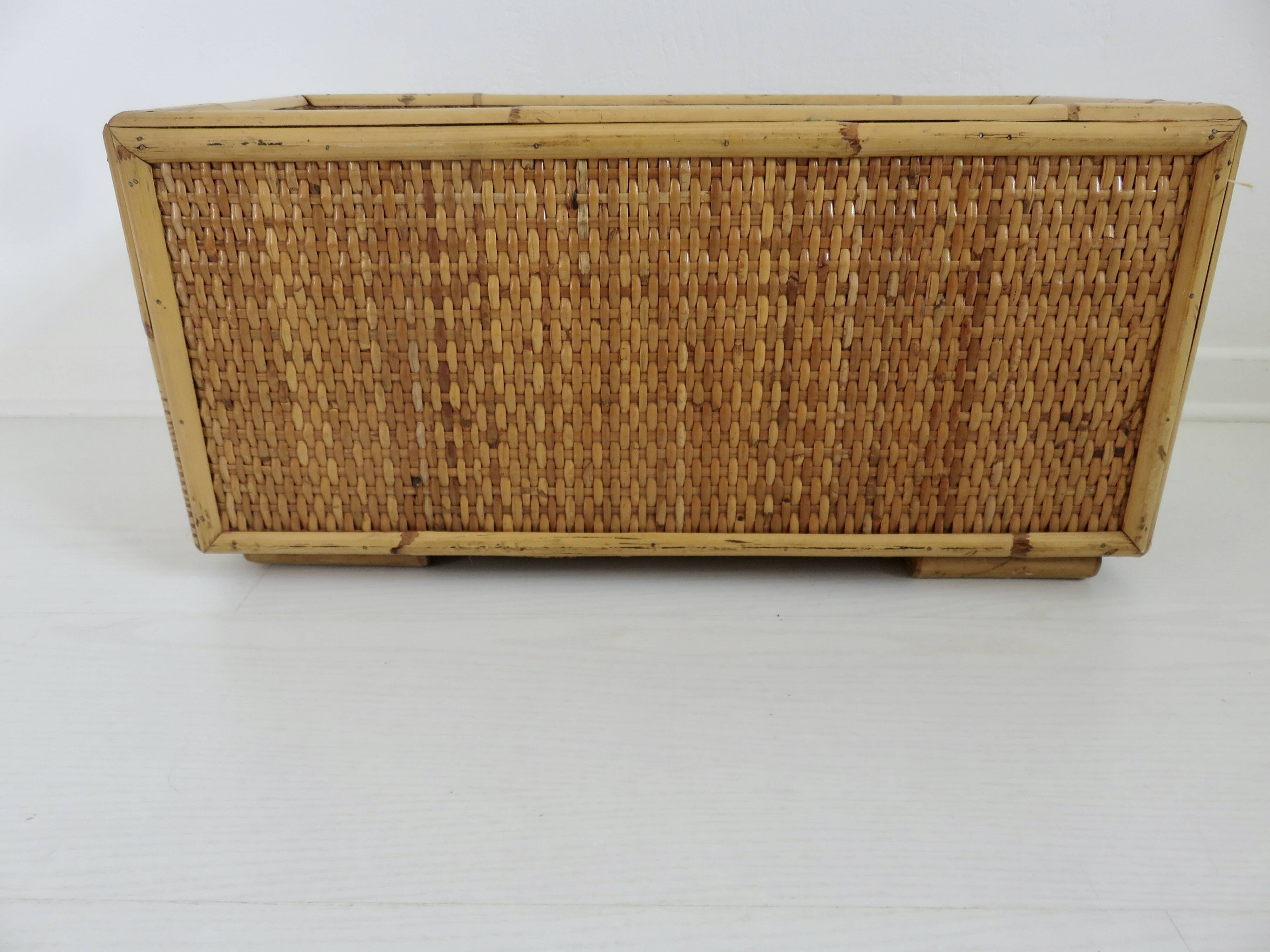 70s woven rattan and bamboo planter