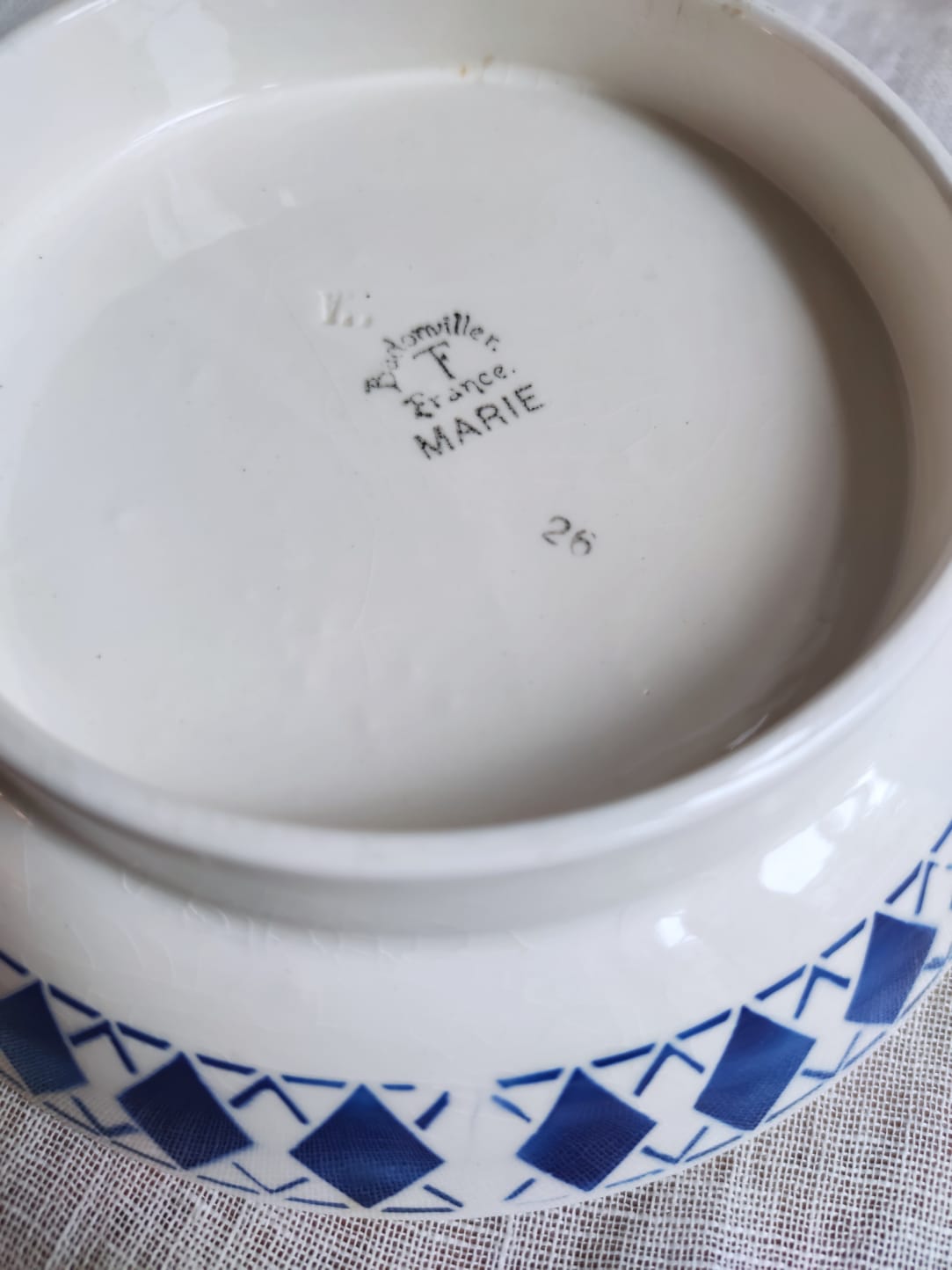 Badonviller Round Foot Dishes Blue Harlequin Patterns "Marie"