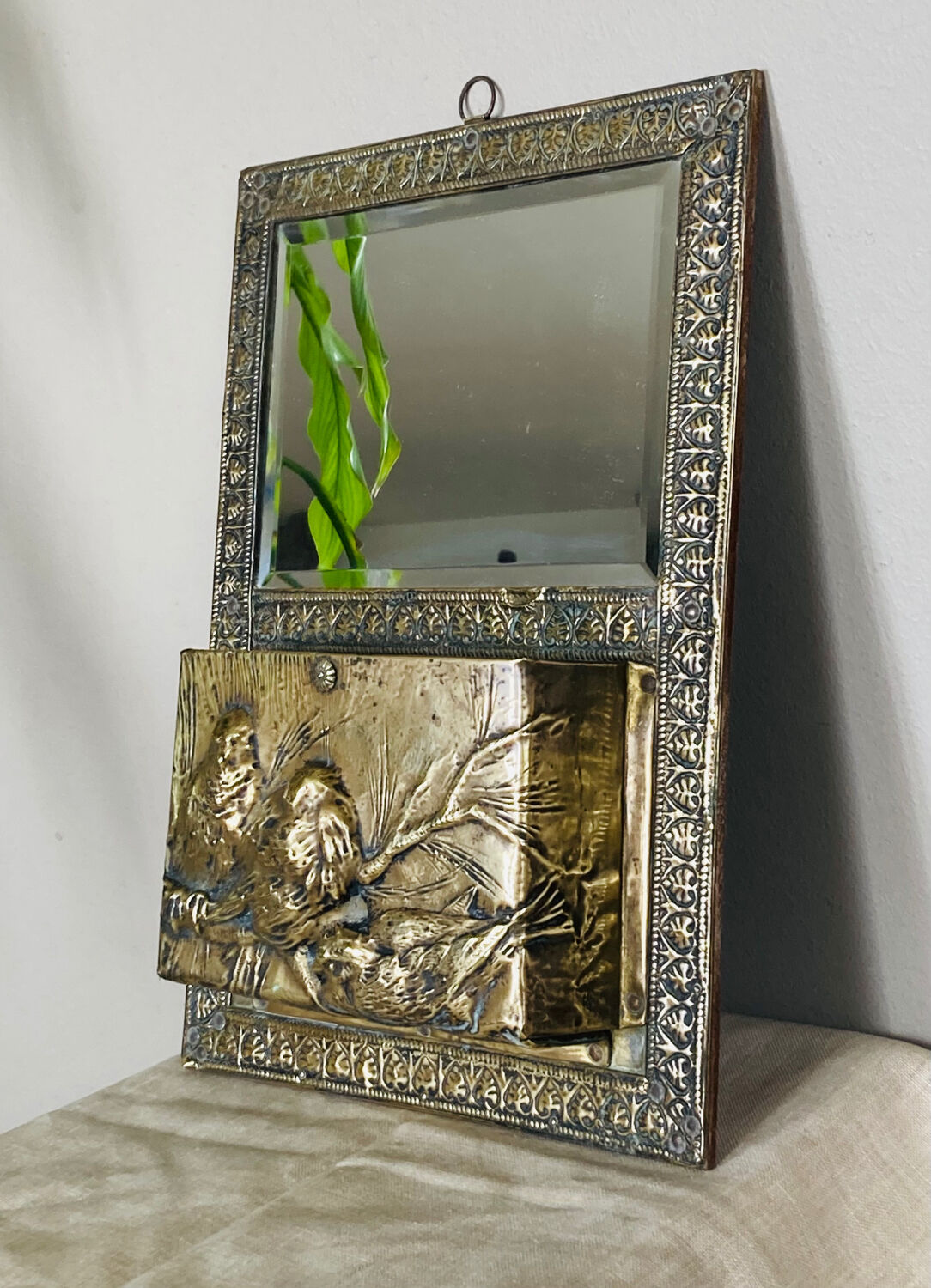 Art Nouveau mail rack in brass repelled beveled mirror early twentieth century