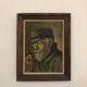 Oil on panel portrait of elderly man with pipe signed