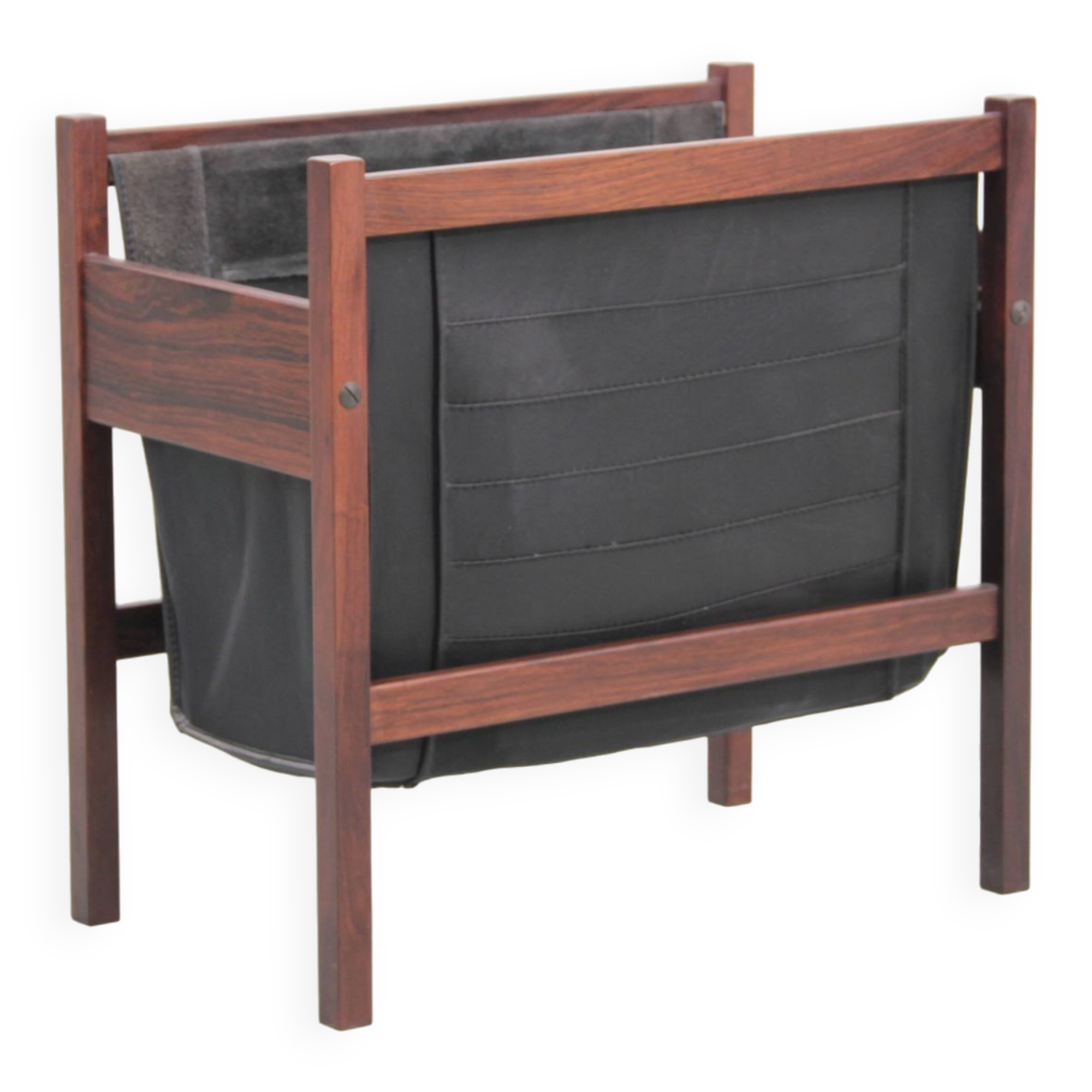 Scandinavian magazine rack in Rio rosewood and leather