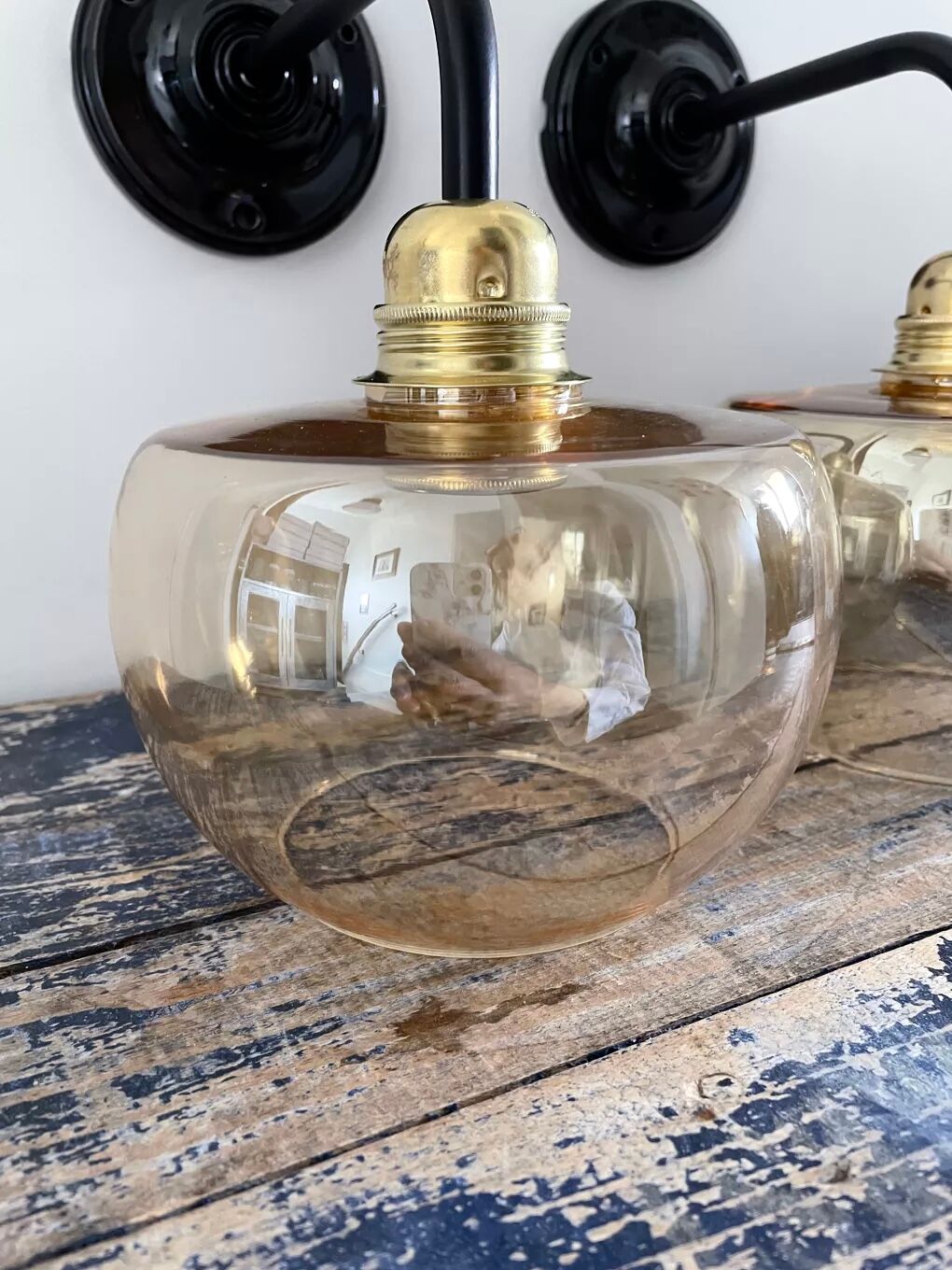 Pair of vintage amber glass wall lights