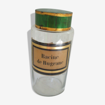 Bocal à pharmacie en verre soufflé, etiquette " racine de bugrane "