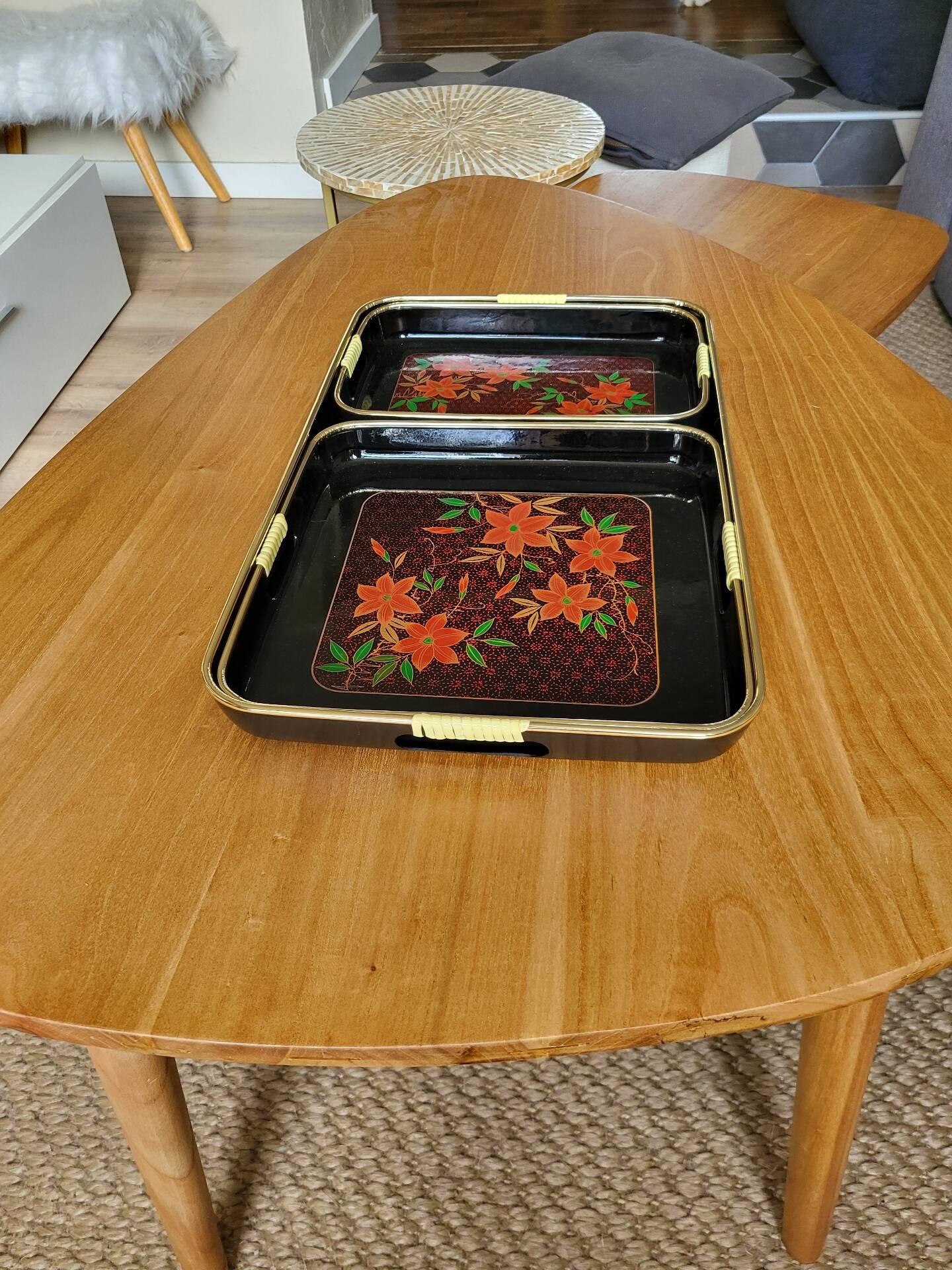 Set of Three Japanese Lacquered Plastic Trays ESIA 1970s