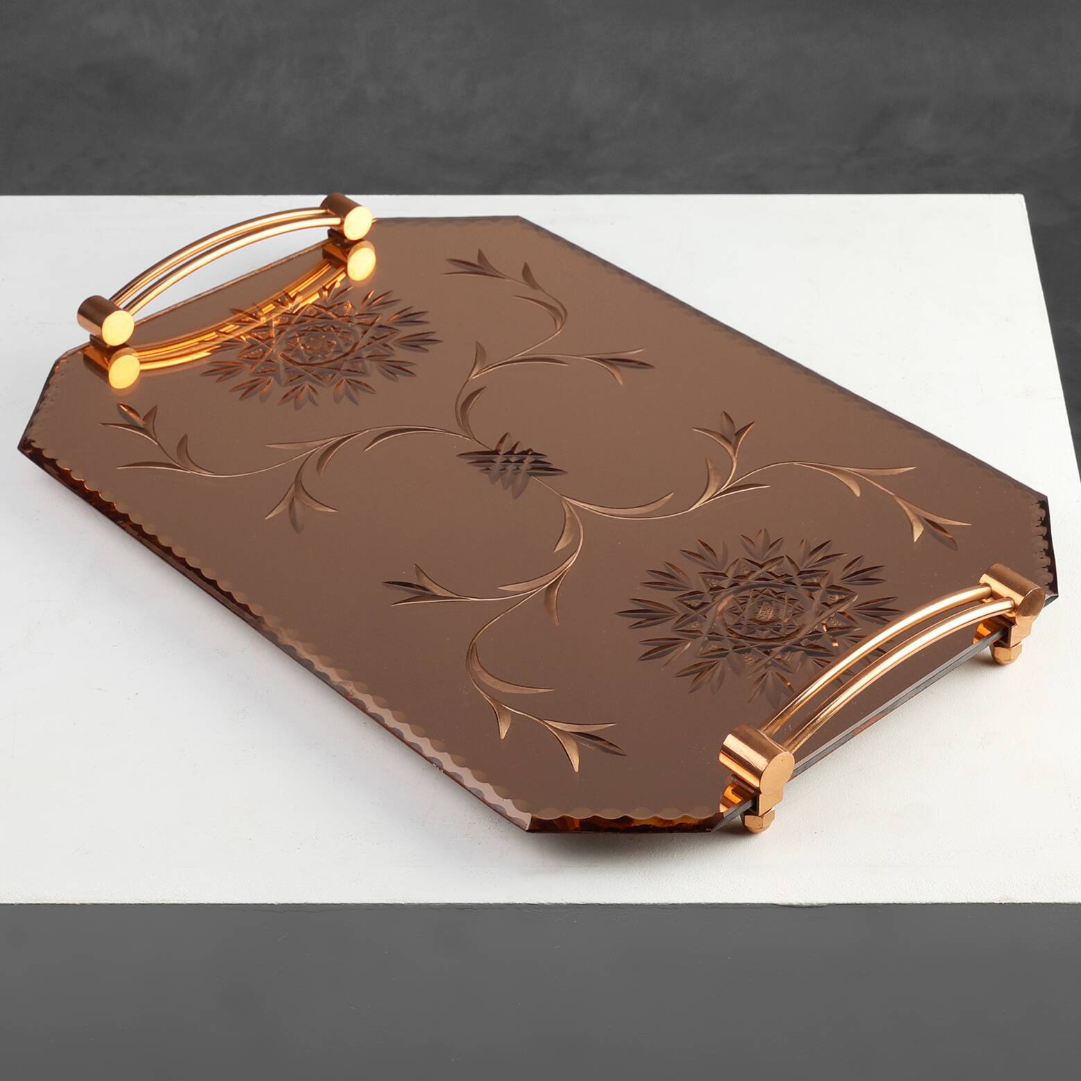 Art Deco Mirrored Glass and Copper Tray, Belgium ca. 1920