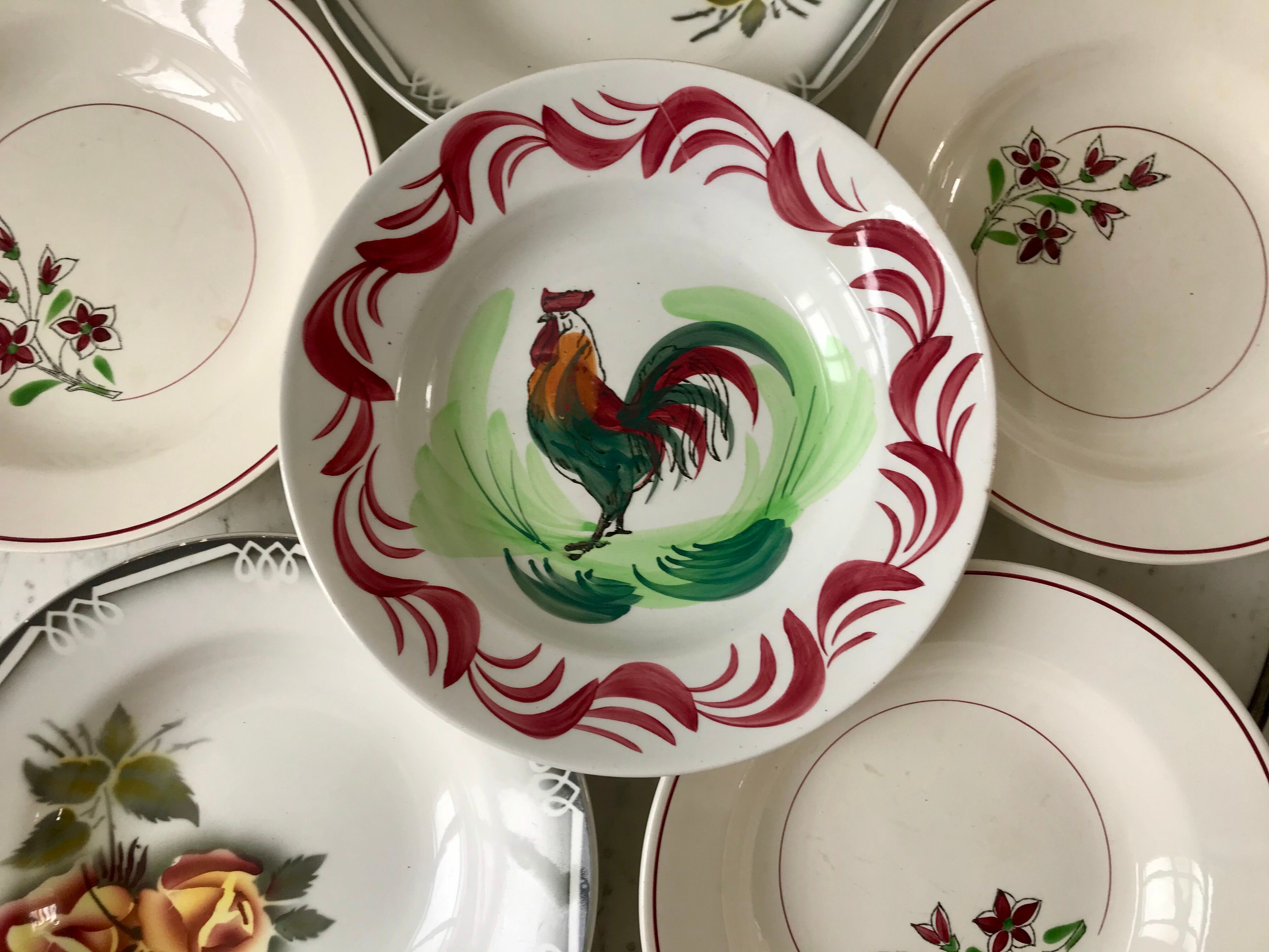 Set of 6 mismatched hollow plates Salins, Digoin Sarreguemines model "Agreste" and Moulin des