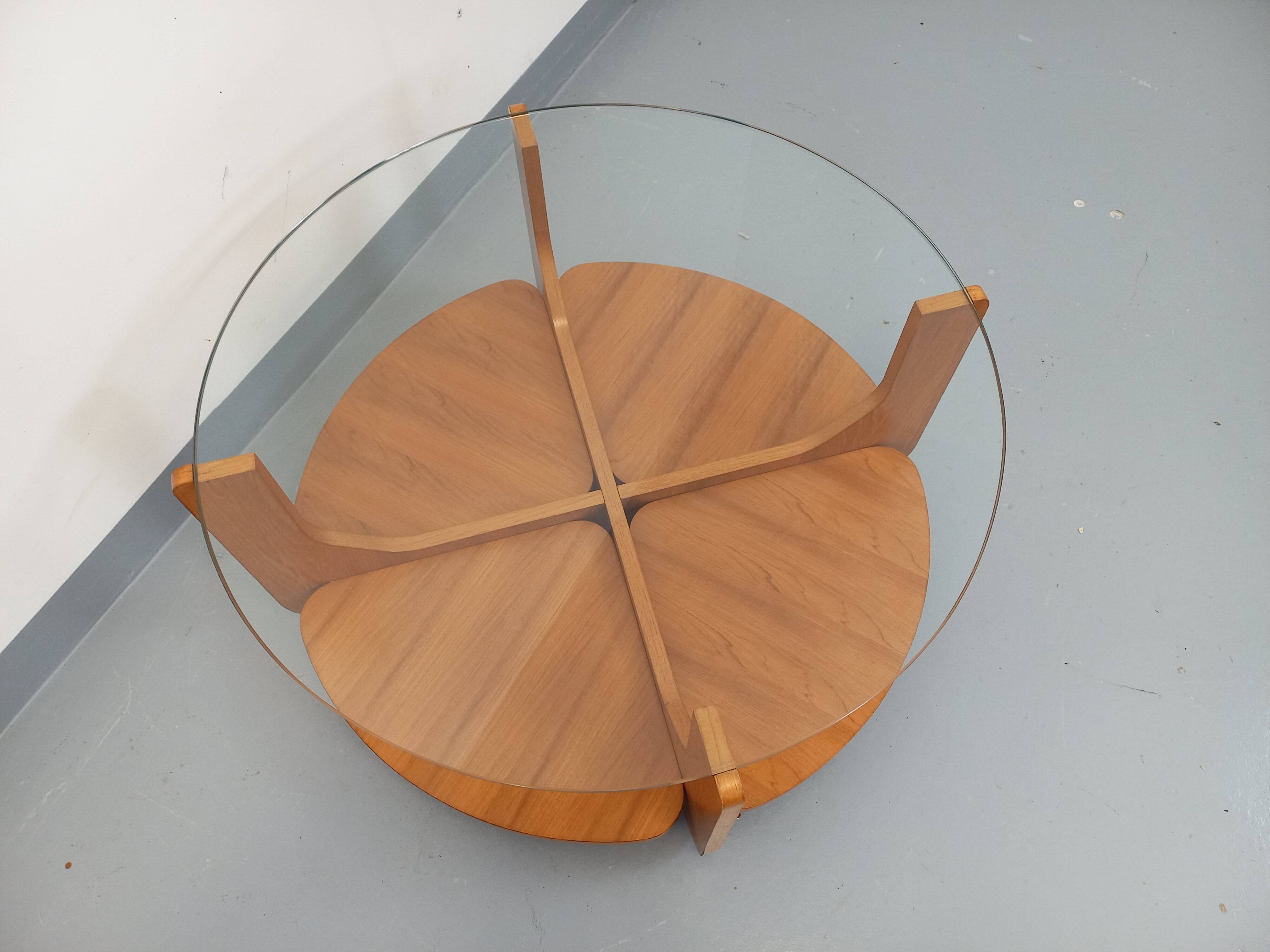 Vintage round coffee table with 2 tops by Hugues Poignant, in teak and glass