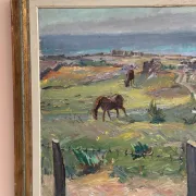 Original Swedish Oil on Canvas – "Coastal Scene with Horses" by Georg Lodström – Signed – 1947 – Framed – 77 × 66 cm