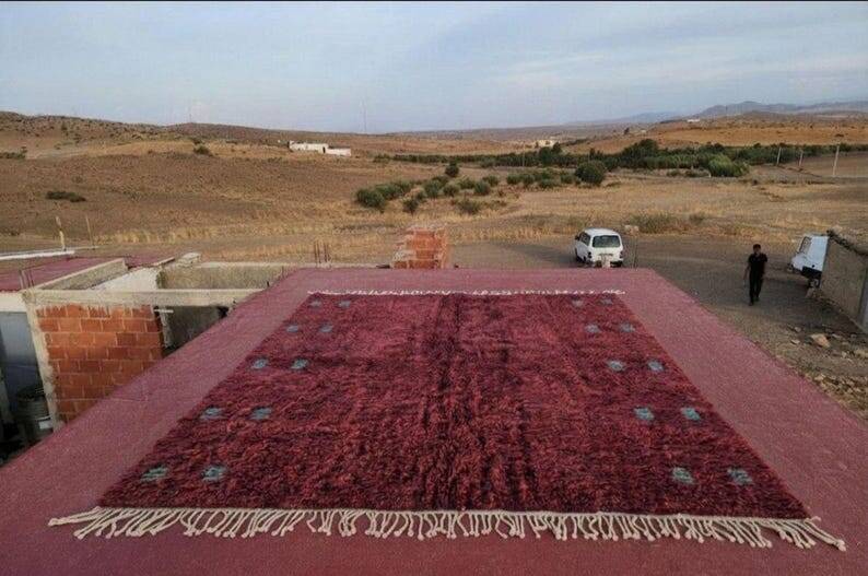 Moroccan Berber rug burgundy 300x200 cm – blue-green geometric patterns