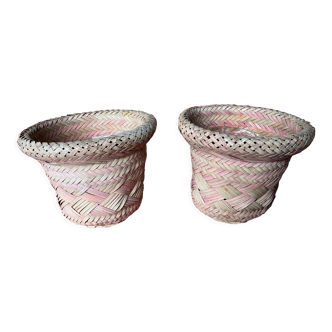 Pair of pink braided rush planters