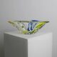 Vintage Murano glass bowl - organic oval shape, transparent glass with blue and yellow - 1970s Italian design - elegant table decoration, gift idea.