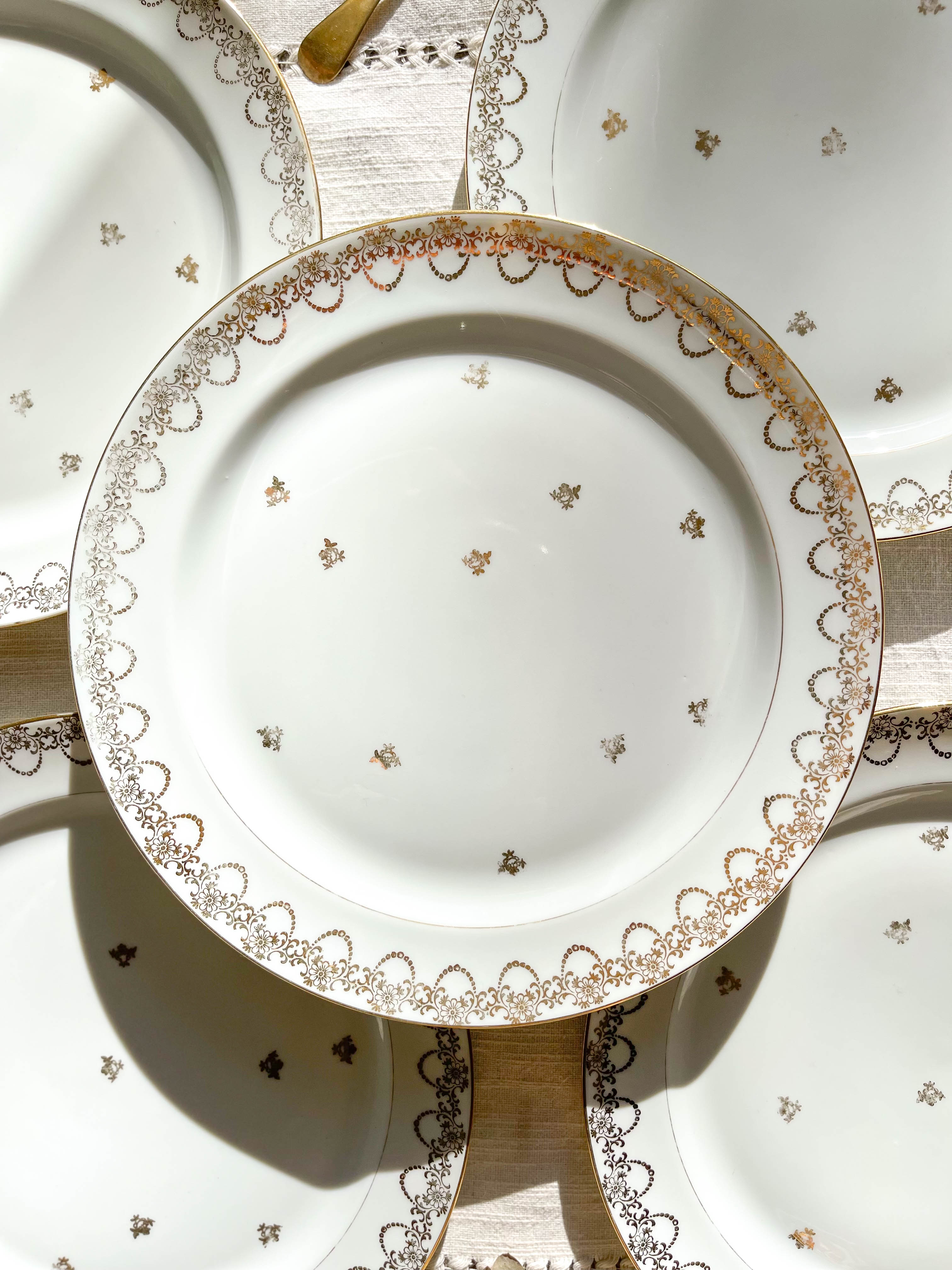 10 Mismatched Porcelain Plates ~ White Gold Porcelain Plates ~ LIMOGES Plates ~ Dishes