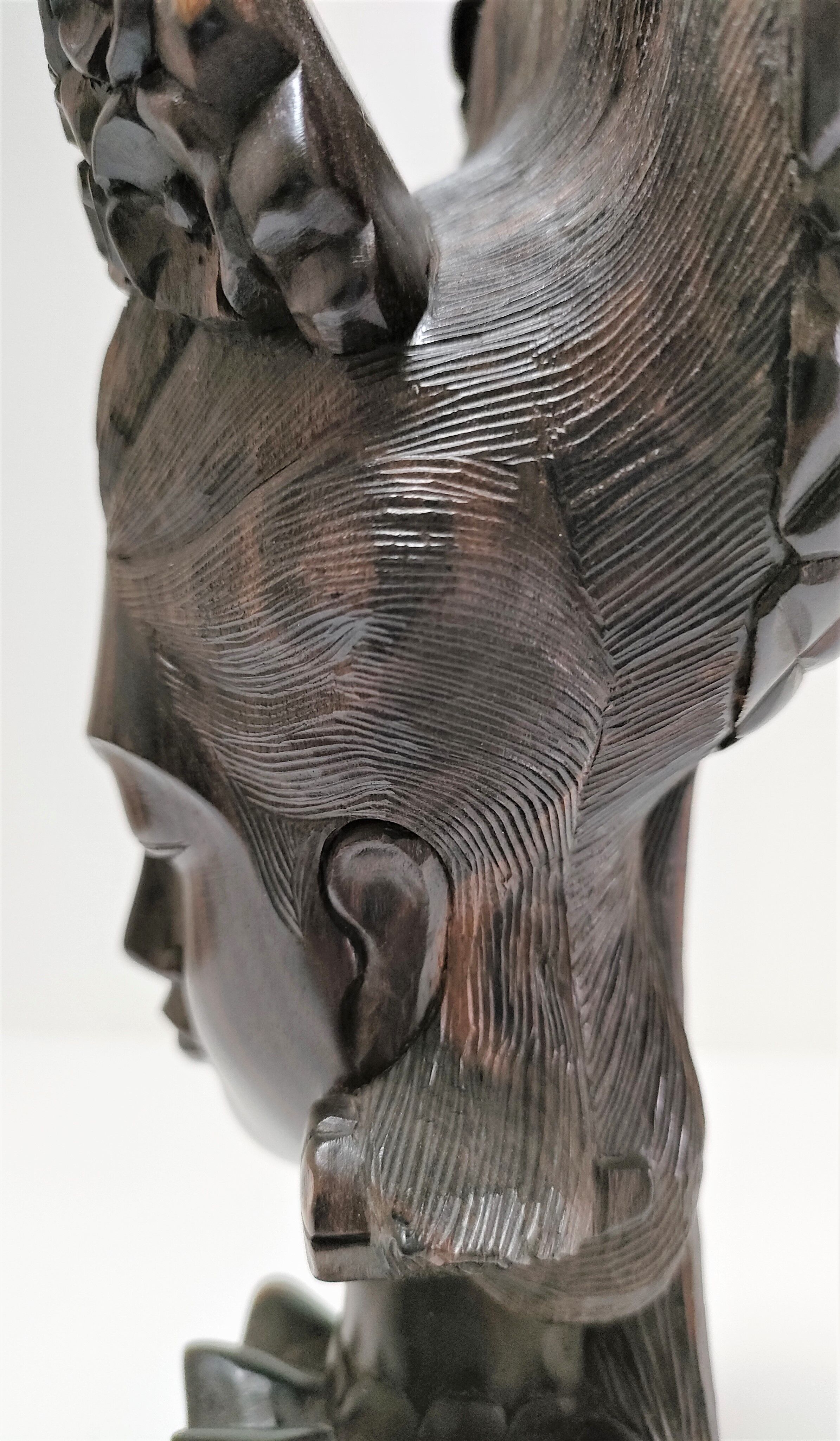 Wooden bust of woman with floral headdress sculptural work of the 60s-70s
