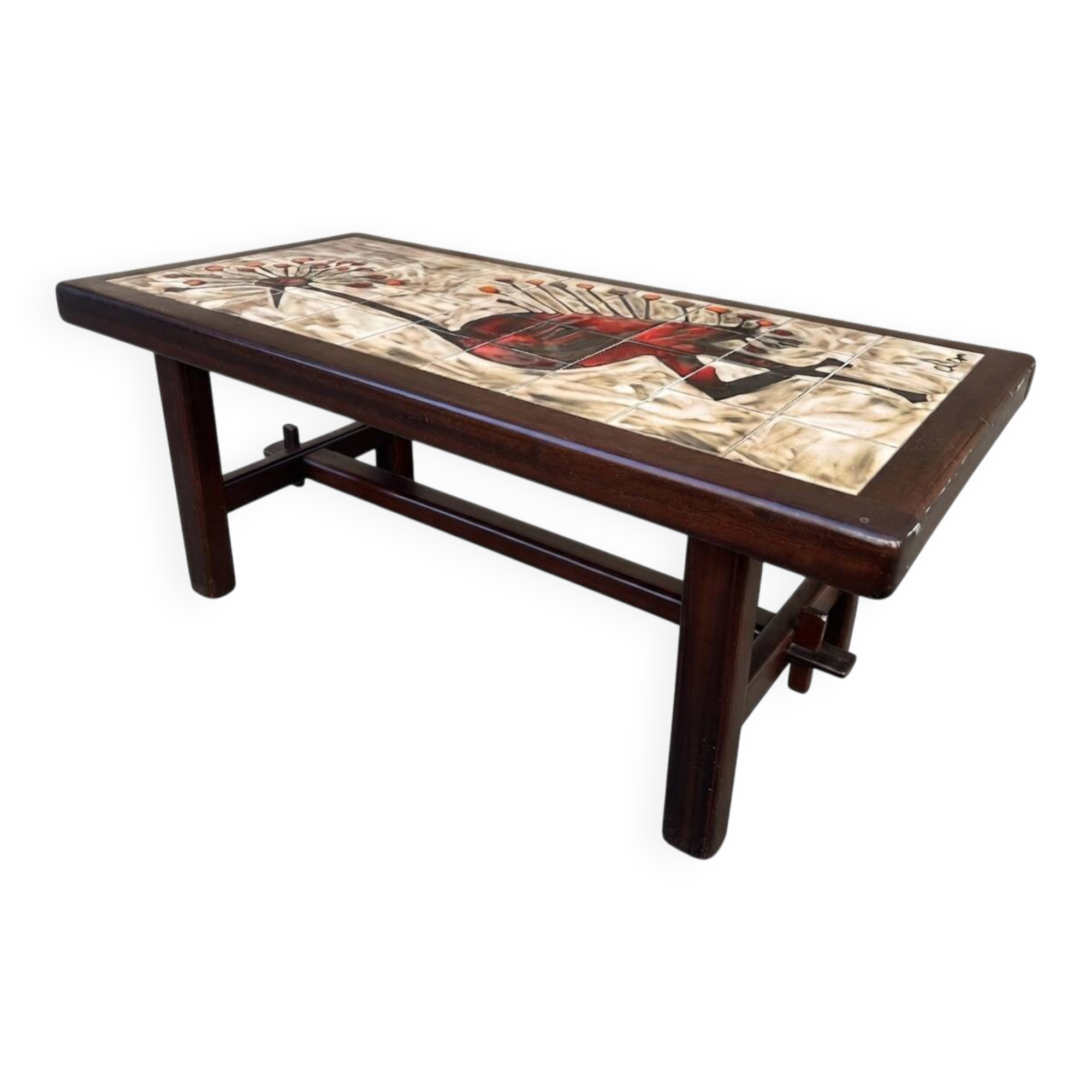 Table basse rectangulaire en bois céramique 1960s Vallauris DAN