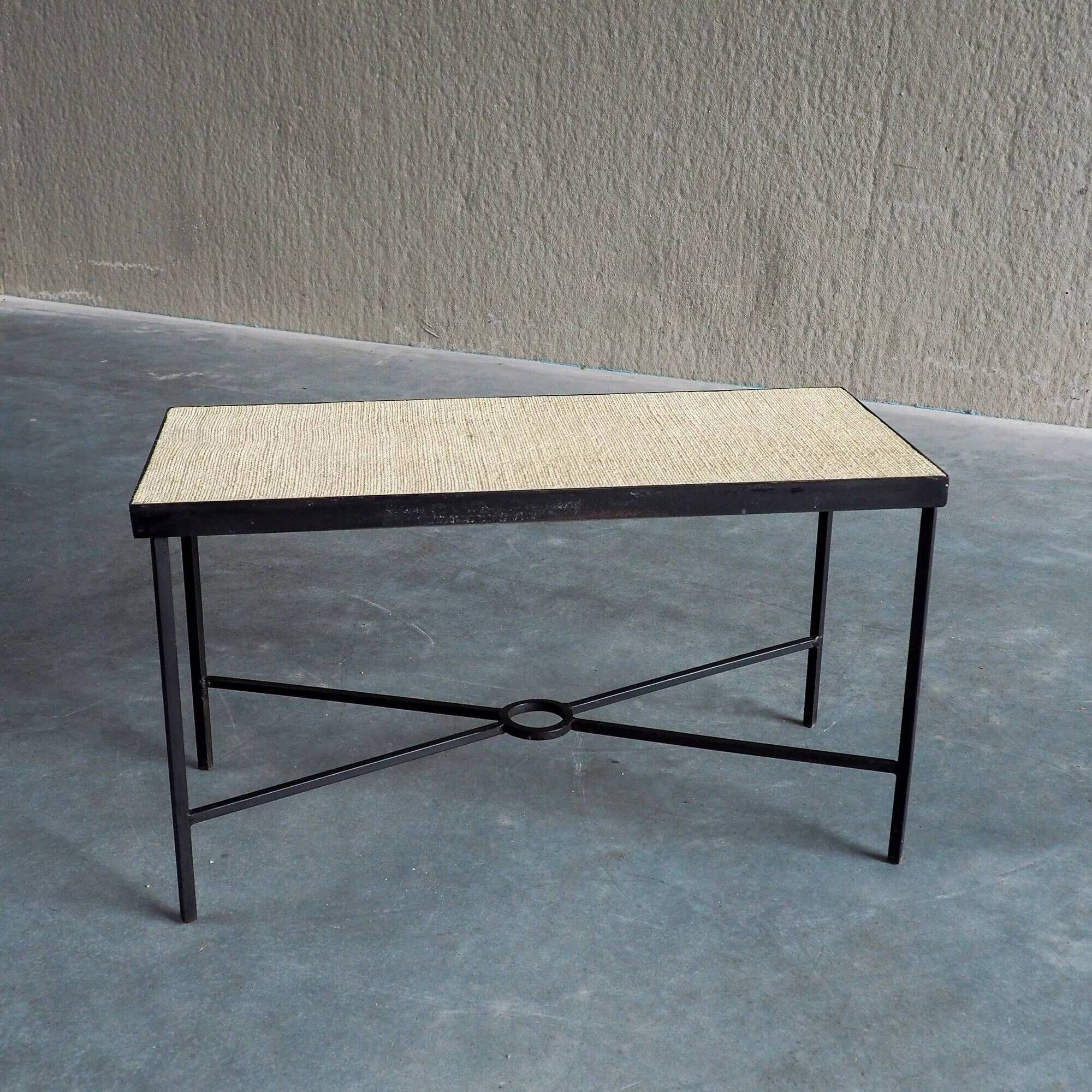 Set of 2 minimalist metal side tables with plaster-fiber tops