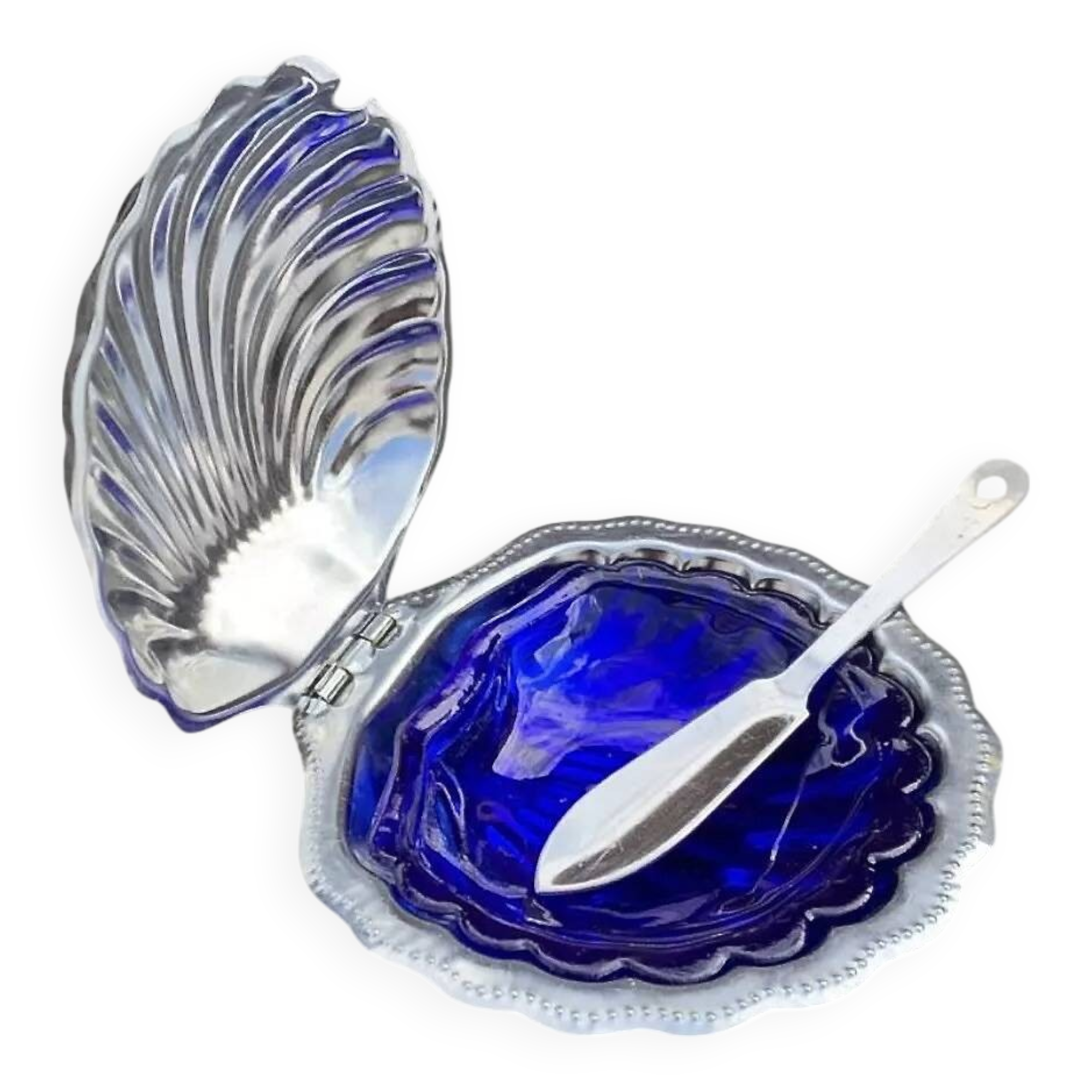Vintage shell butter dish in stainless steel and cobalt blue glass with knife