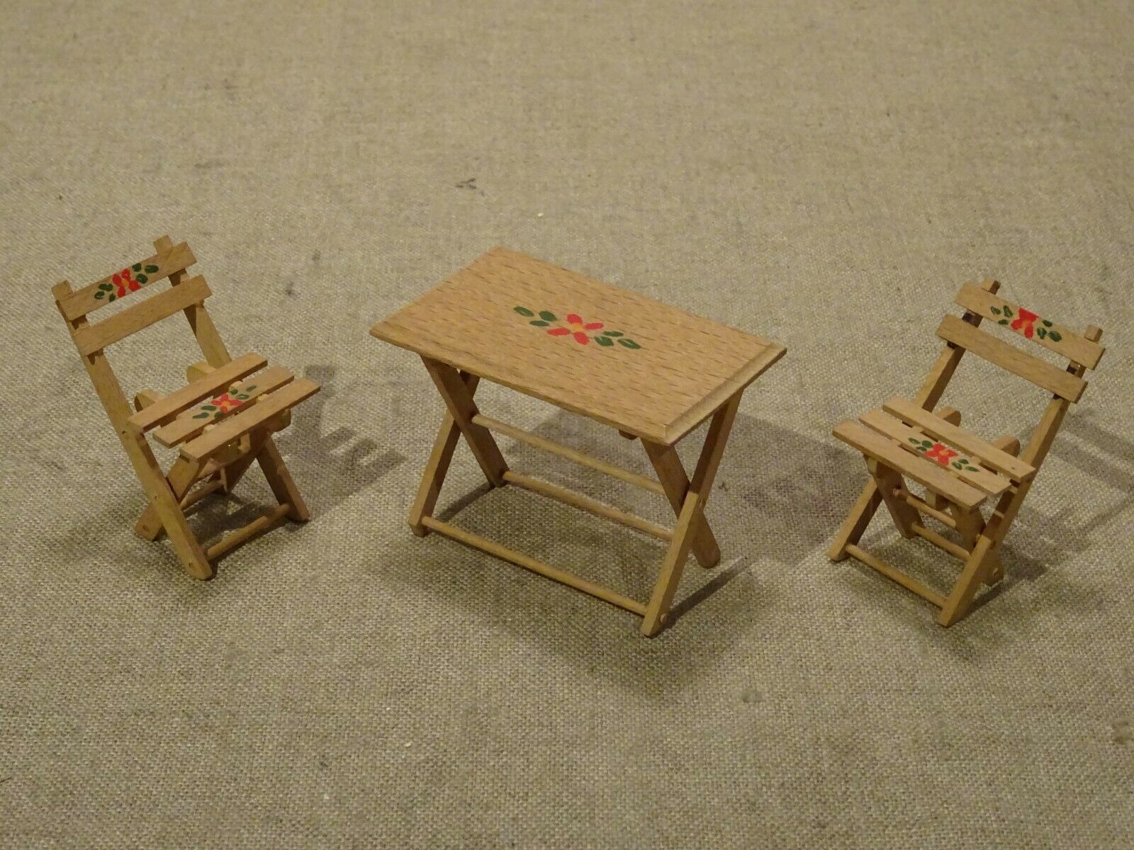 Old miniature doll table furniture and 2 folding garden furniture chairs