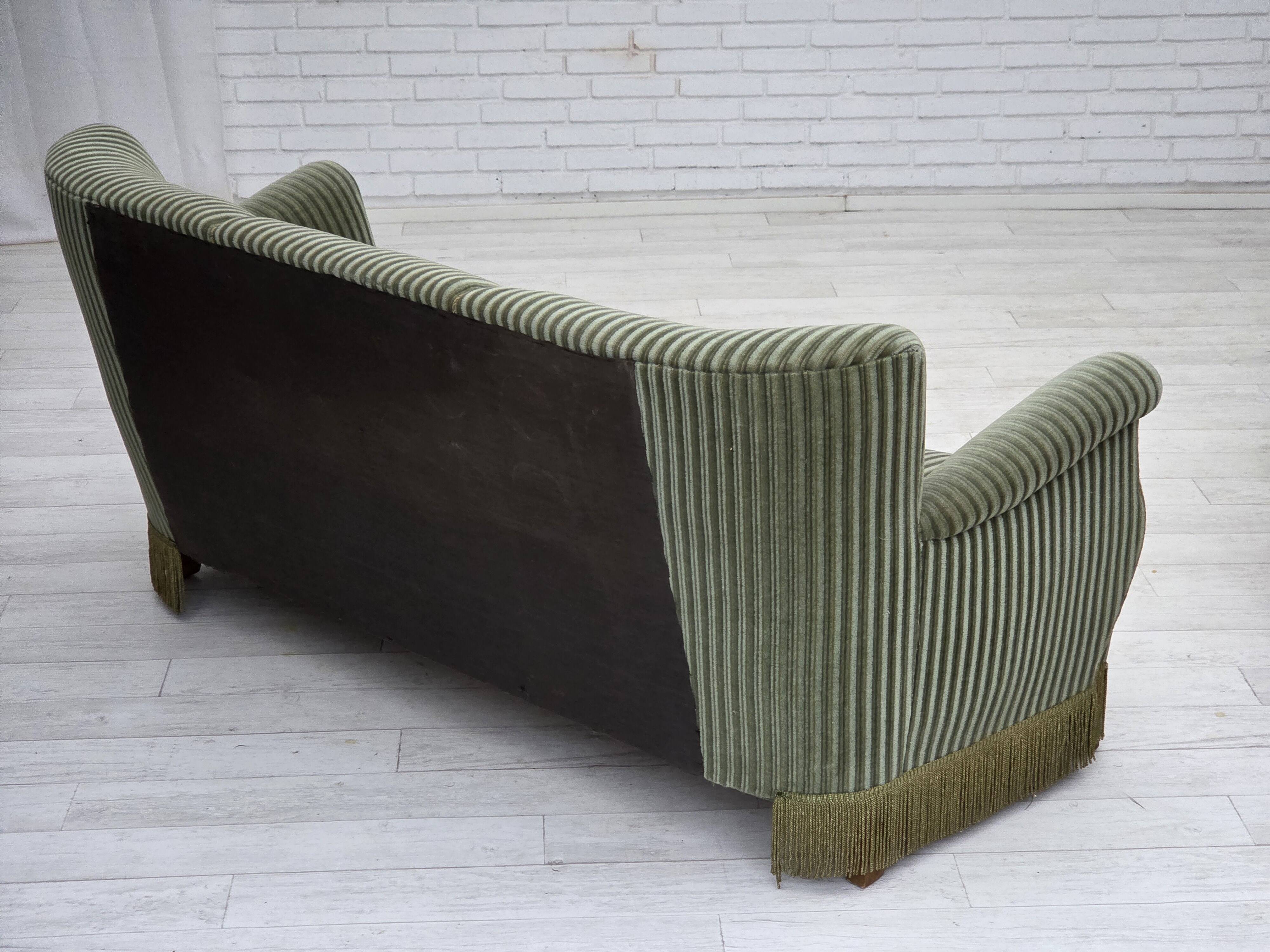 1960s, Danish 3-seater sofa, original green furniture velour, oak wood.