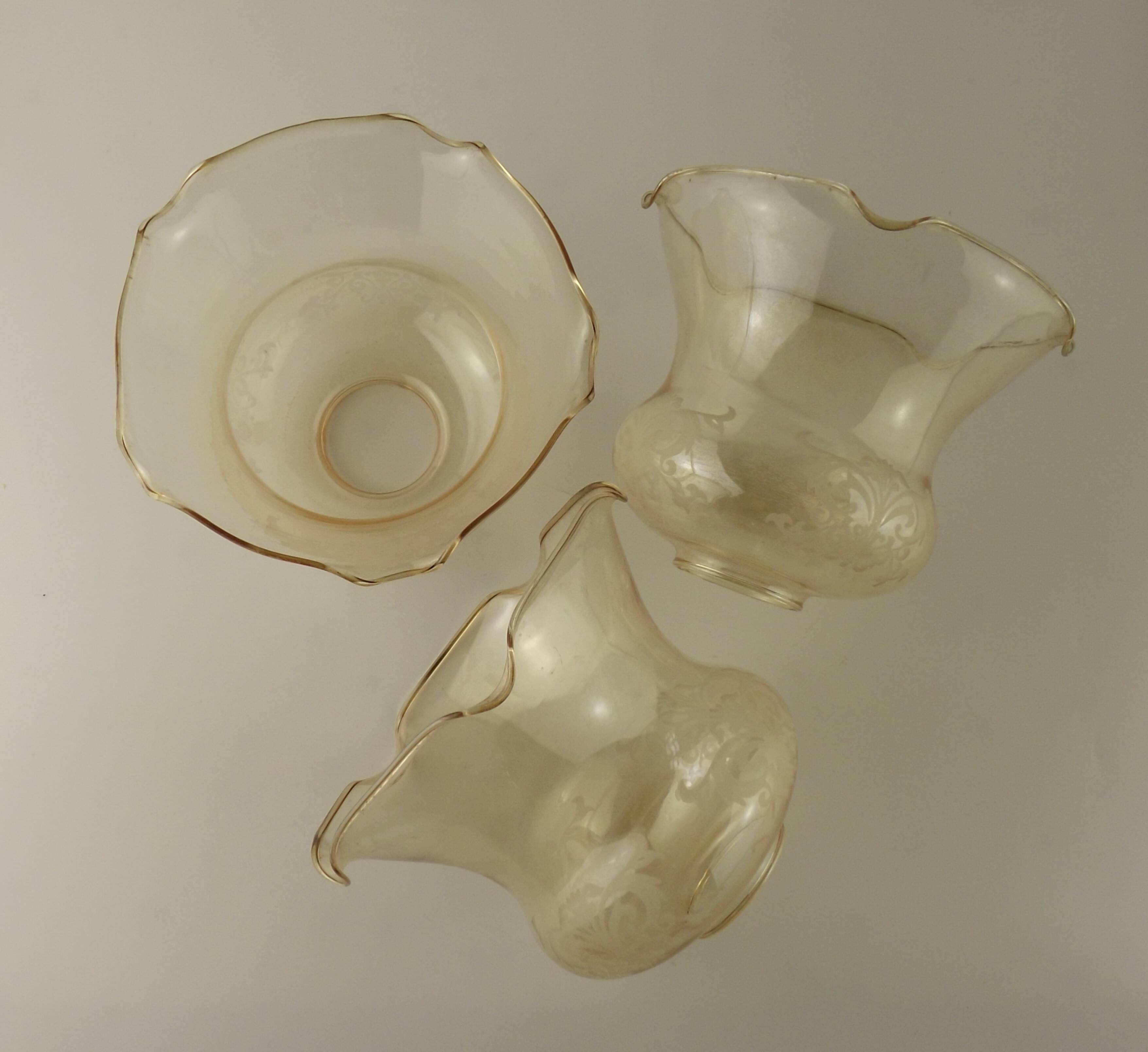 Set of 3 Vintage Glass Bell Shades In Smoked Amber Glass Scroll Motif  5596