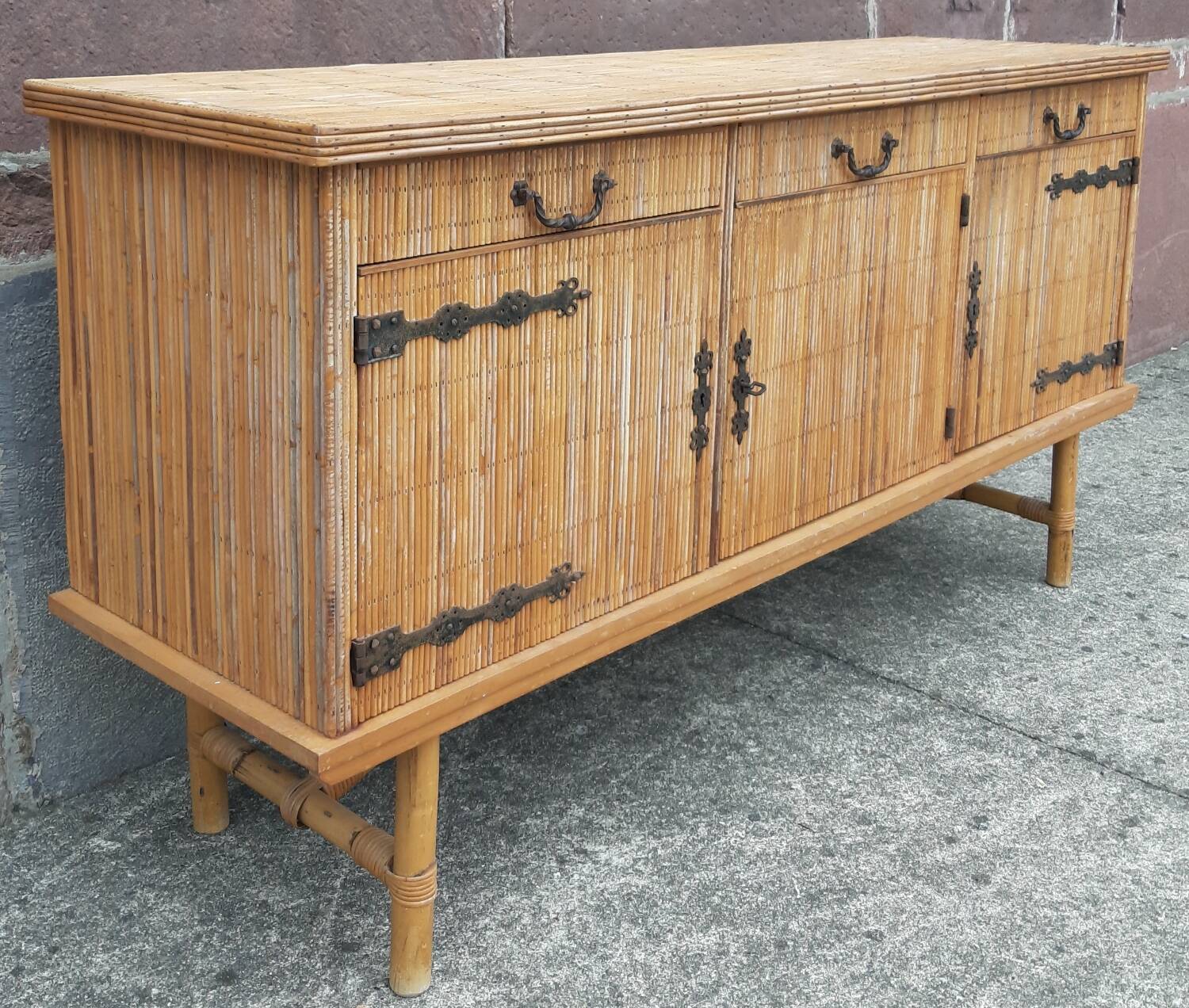 Console table in rattan and bamboo, (Attributed to Audoux-Minet)
