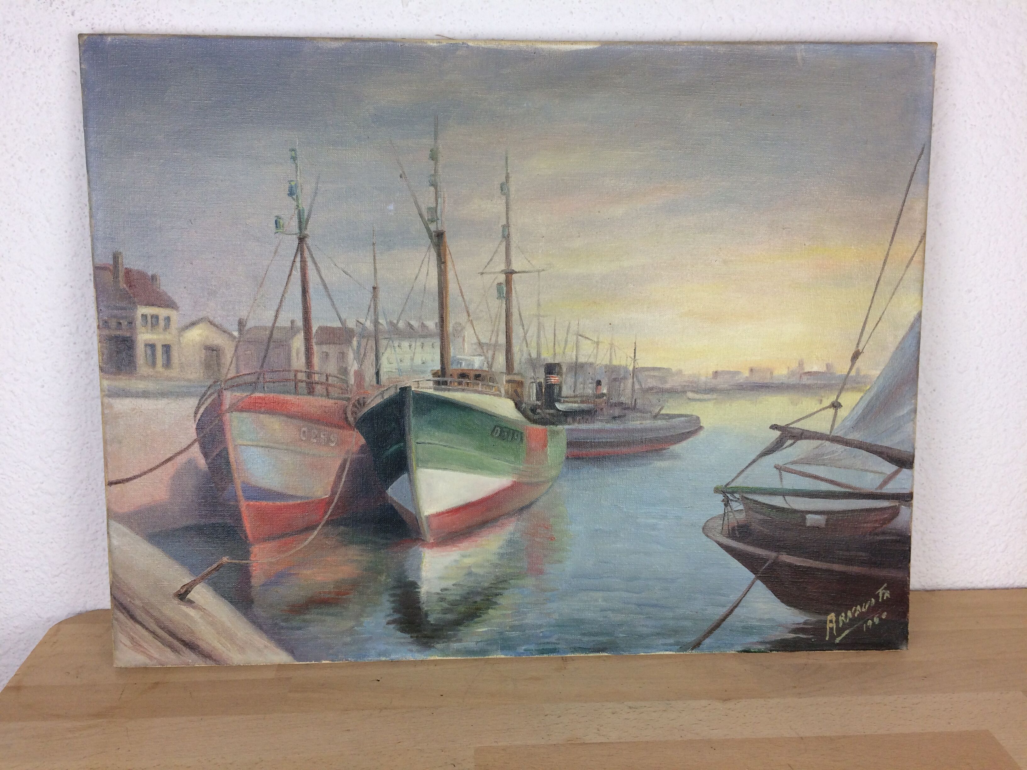 Marine painting, fishing port, oil on canvas