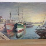 Tableau marine, port de pêche, huile sur toile