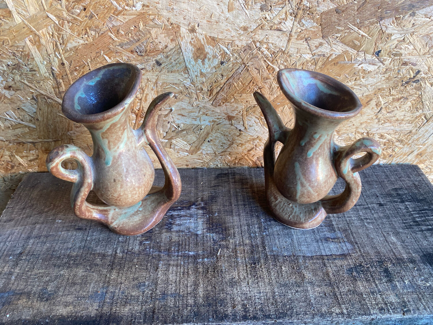 Pair of Beige Ceramic Soliflore Vases Vintage France #D889