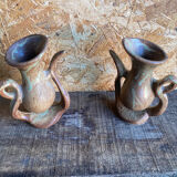 Pair of Beige Ceramic Soliflore Vases Vintage France #D889