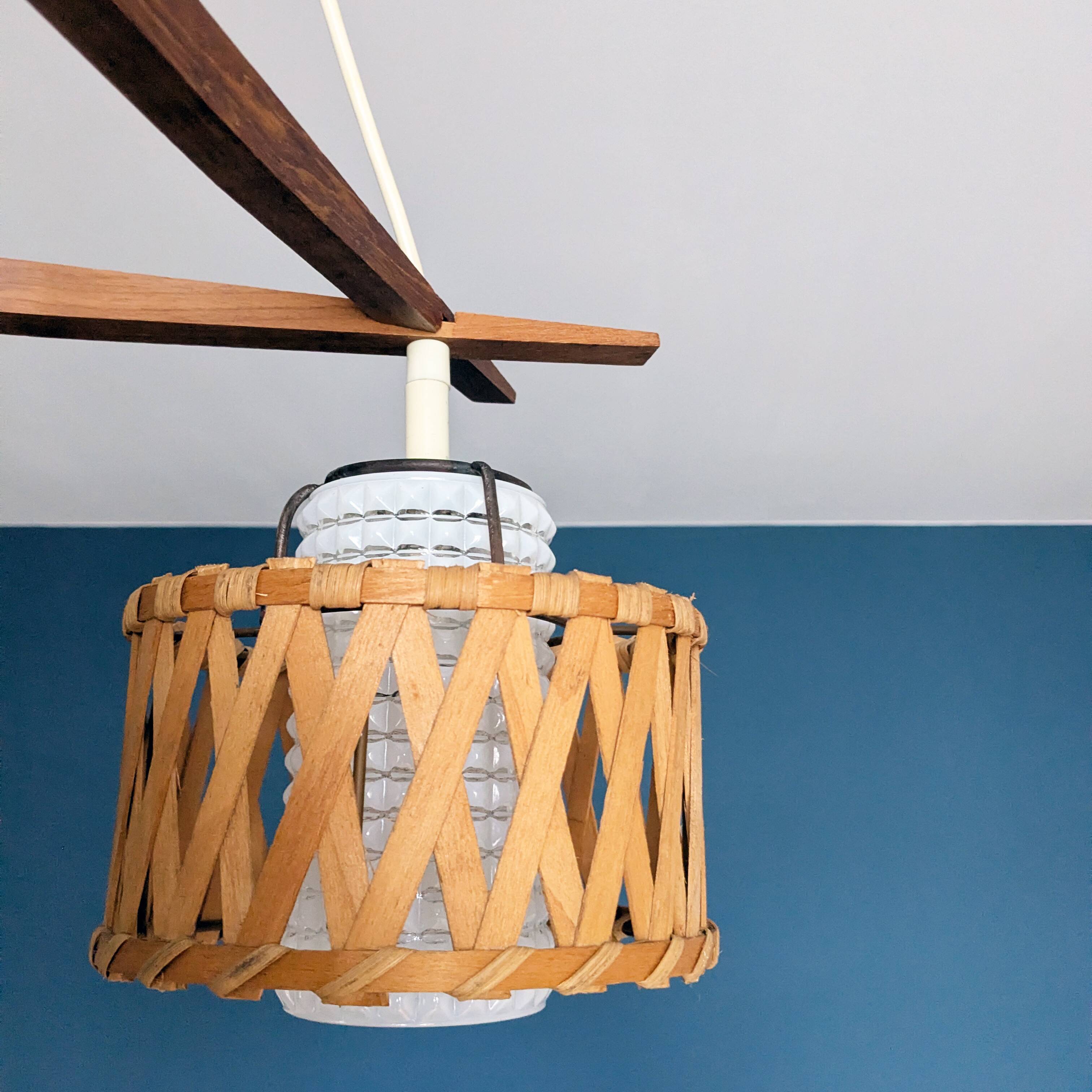 Suspension in teak and rattan, Doria Leuchten from the 1950s.