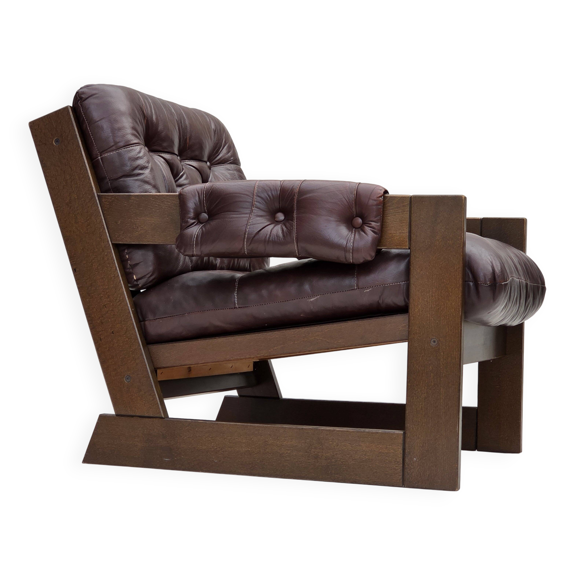 1970s, Scandinavian armchair, brown furniture leather, dark beech wood.