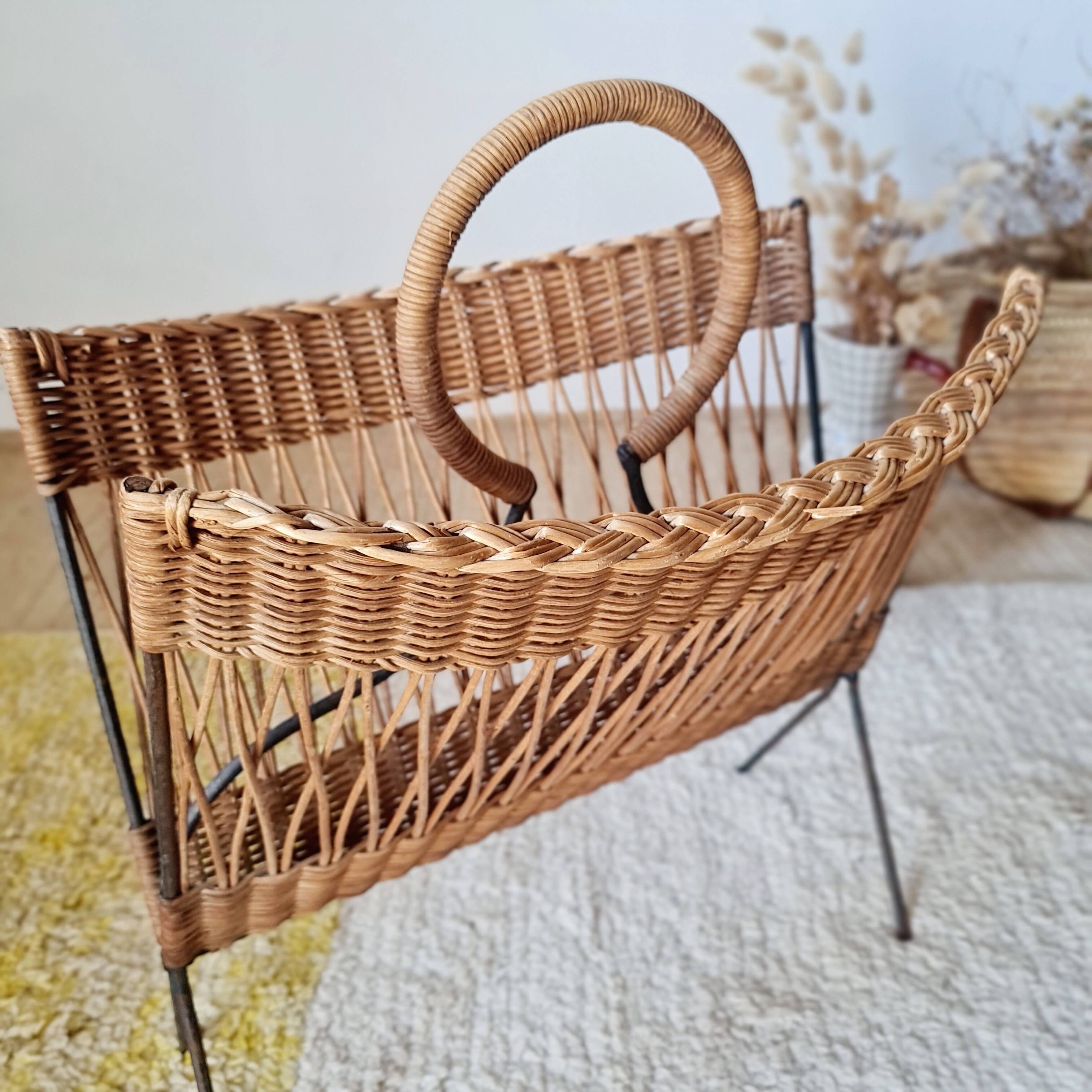 Vintage wicker and metal magazine rack