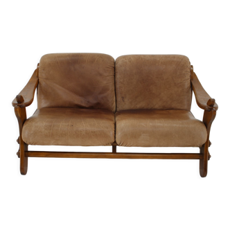 1970s Brutalist Dutch Oak and Leather 2 Seater Sofa