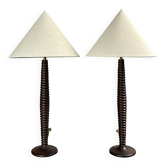 Pair midcentury wood turned table lamps, in the style of Charles Dudouyt