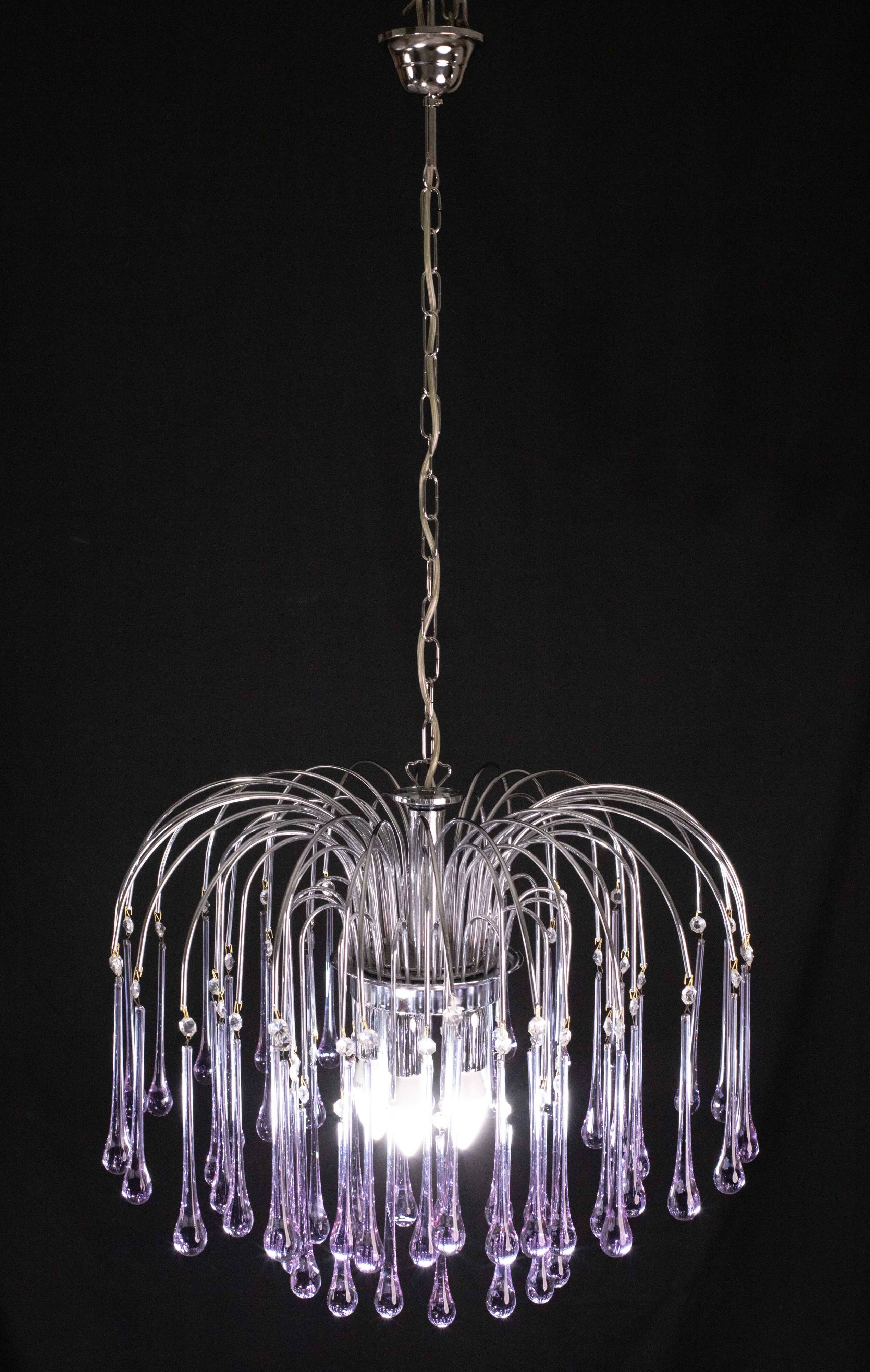 The Purple Crown, LArge Size Murano Chandelier Purple and Crystal Drops, 19