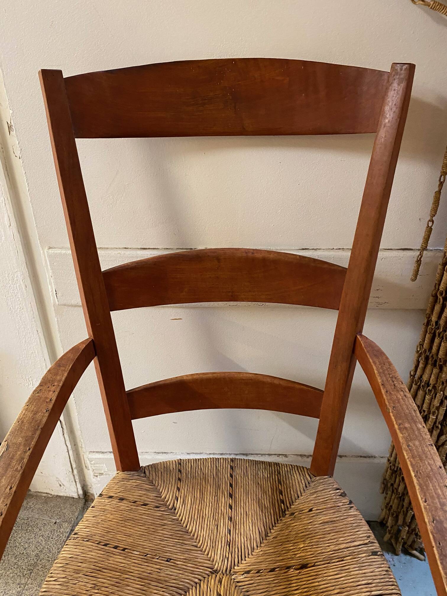 provençal armchair with dark beech armrests two-tone straw seat