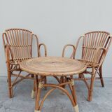 Set bench table and two armchairs in rattan 1950 vintage