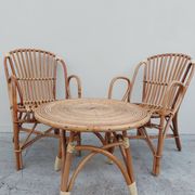 Set bench table and two armchairs in rattan 1950 vintage